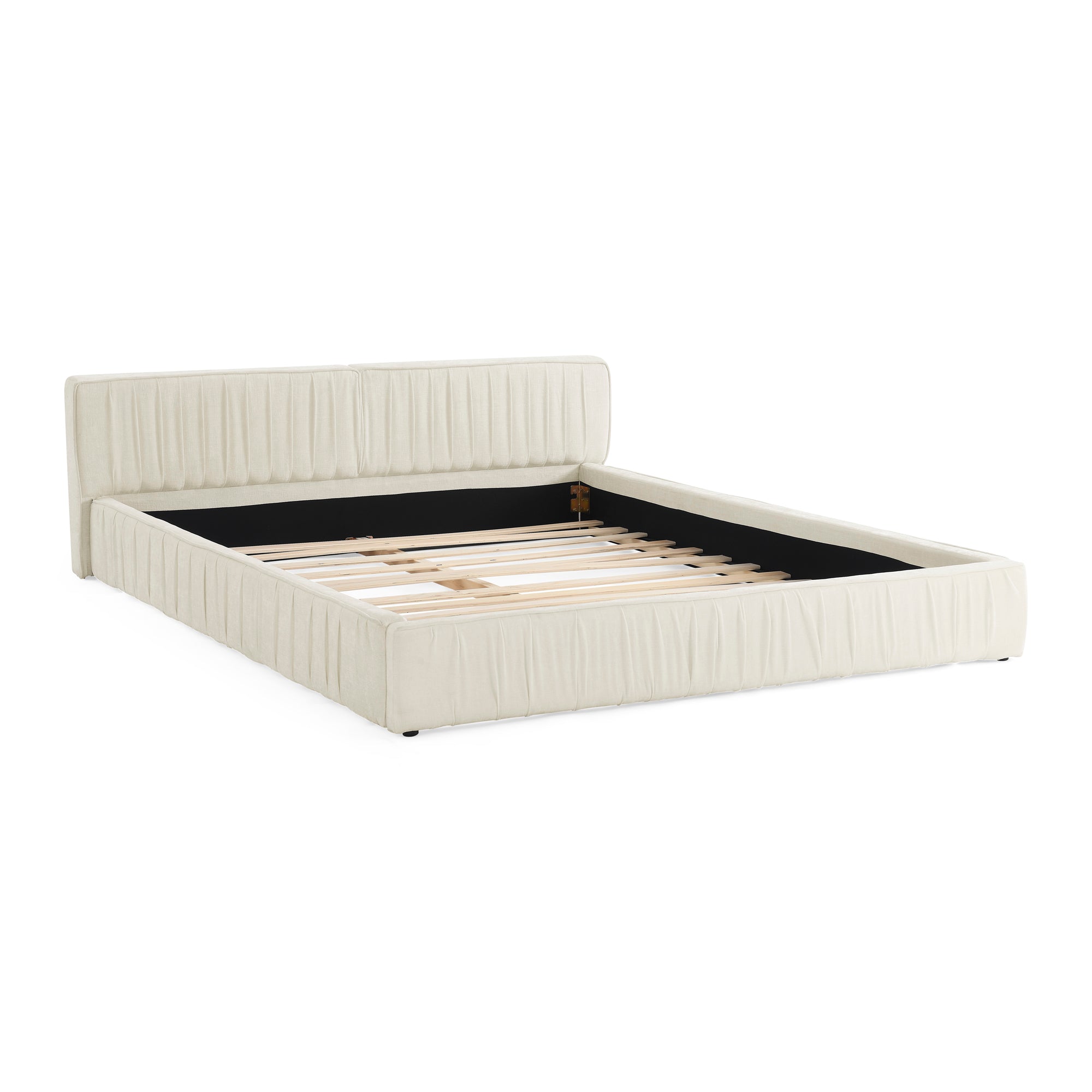 Beige large soft-padded platform bed frame