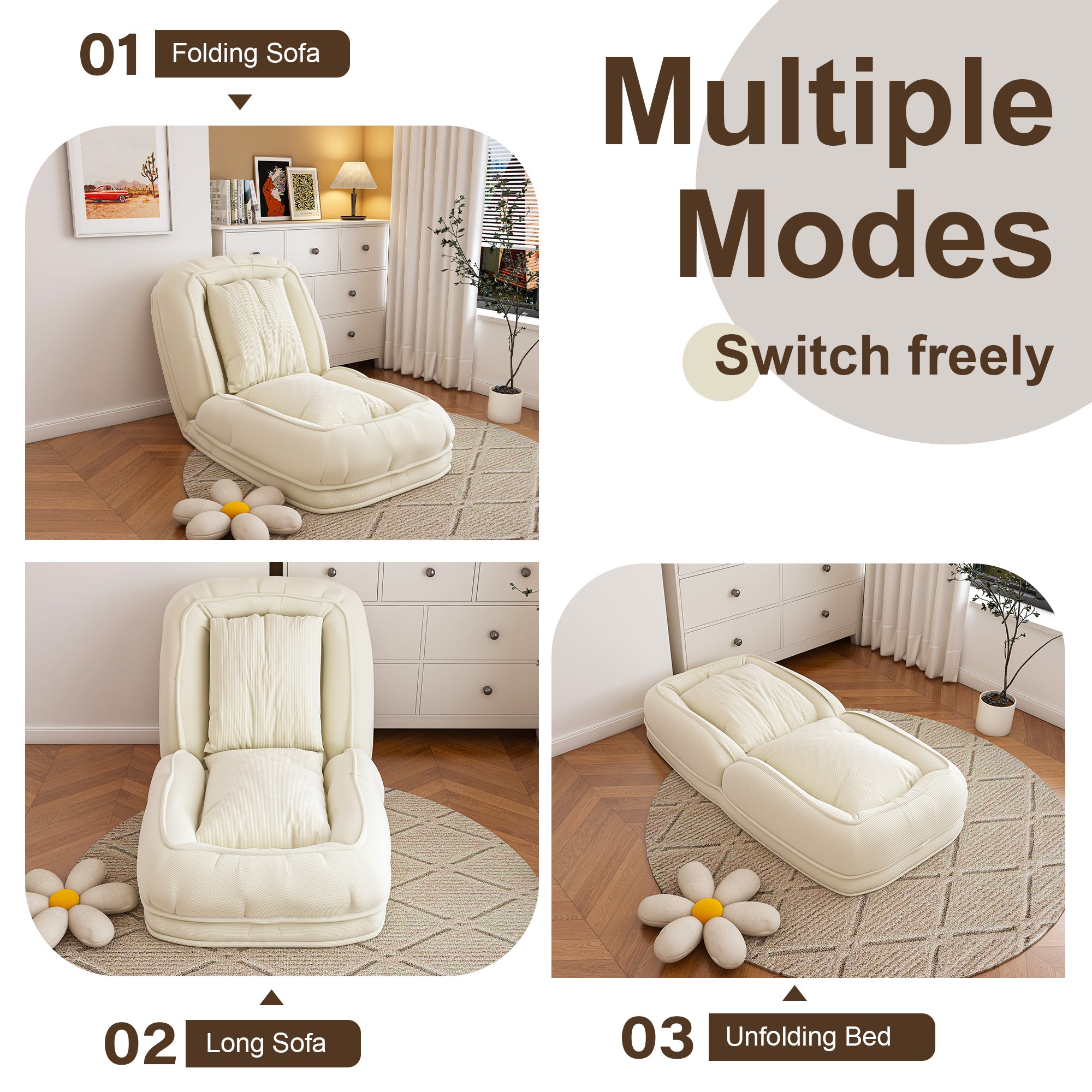 Foldable white sofa bed with soft cushions for people and pets