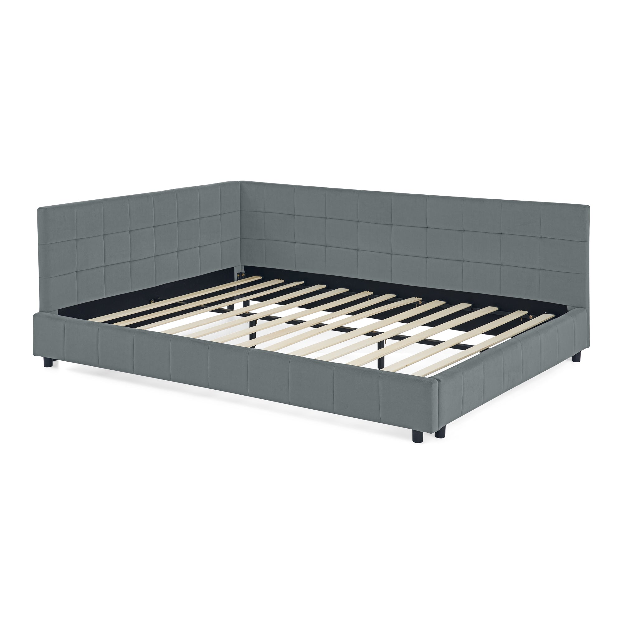 Grey mid-century velvet upholstered tufted king-sized bed frame