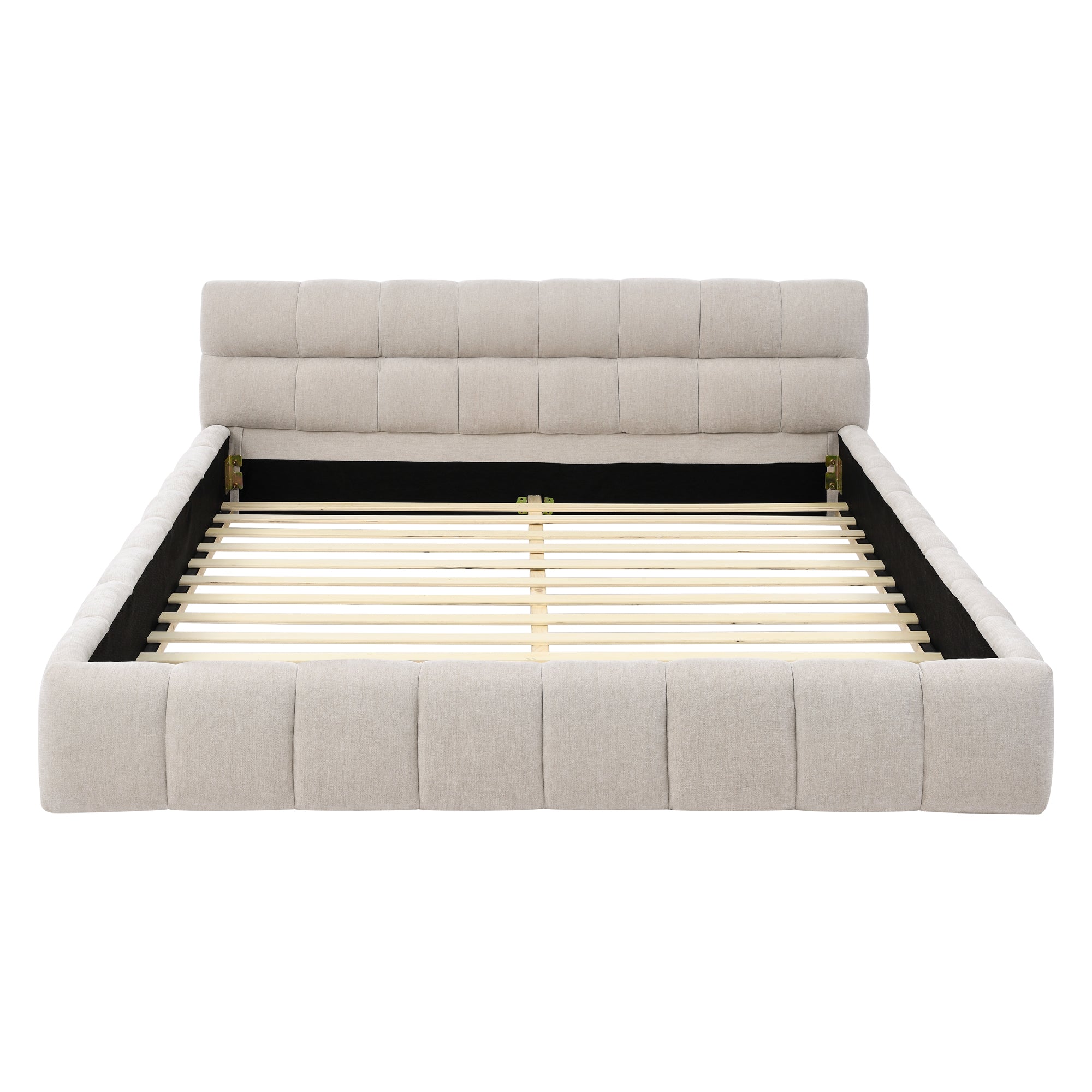 Beige large soft-padded bed frame and headboard, thick Chenille fabric