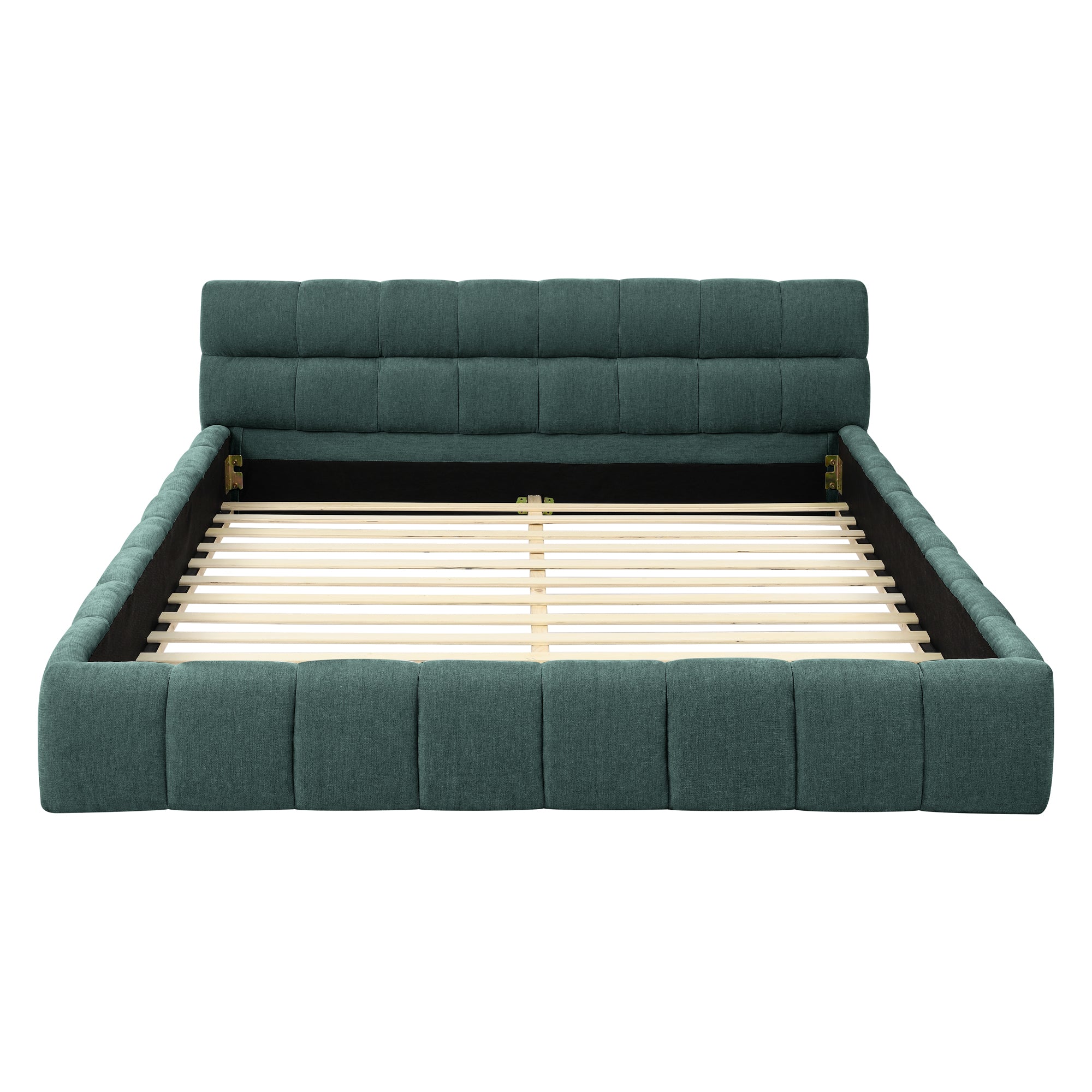 Large soft-padded bed frame in blue-green color