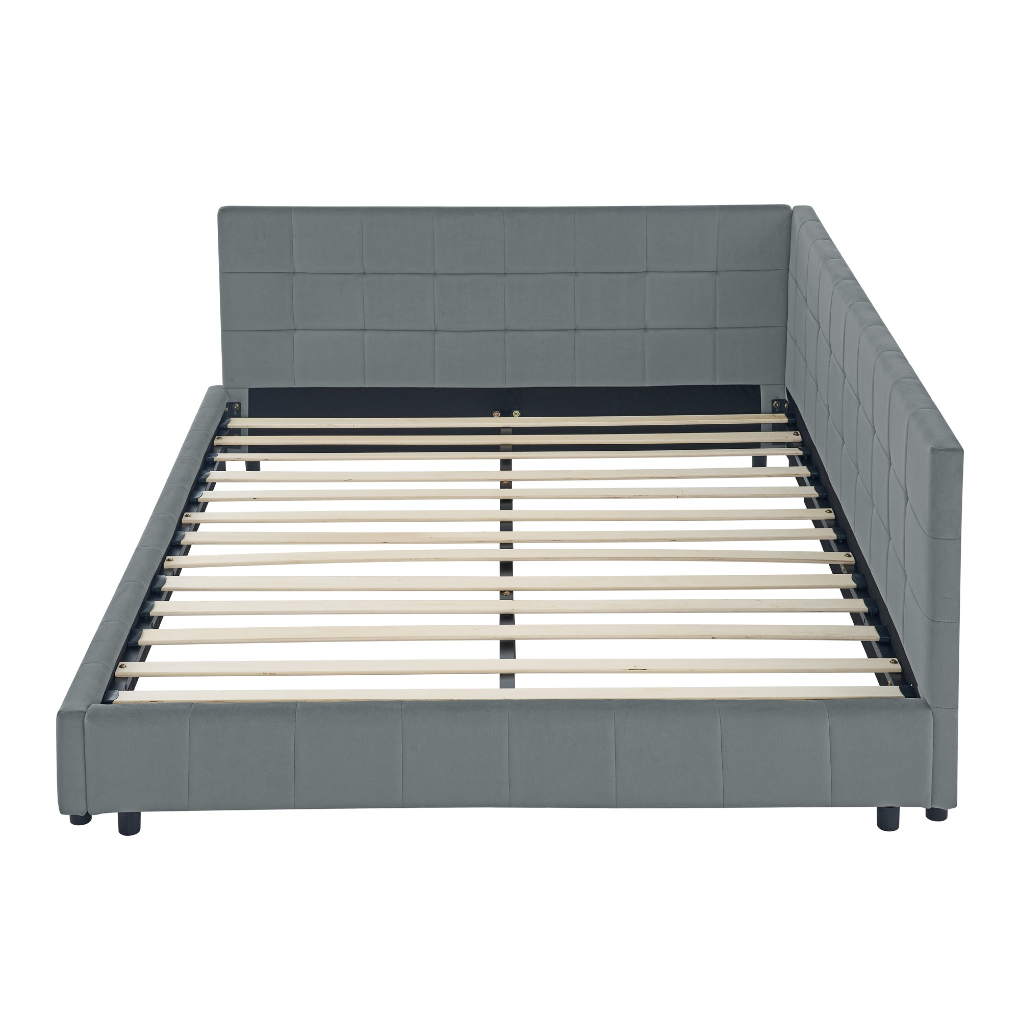 Grey mid-century velvet upholstered tufted king-sized bed frame