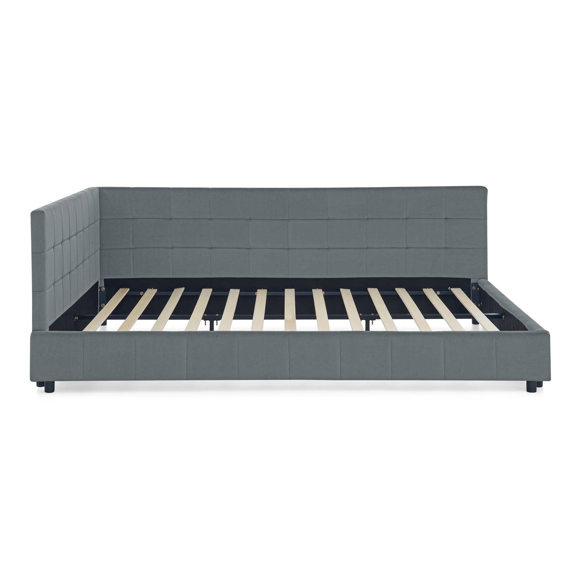 Grey mid-century velvet upholstered tufted king-sized bed frame