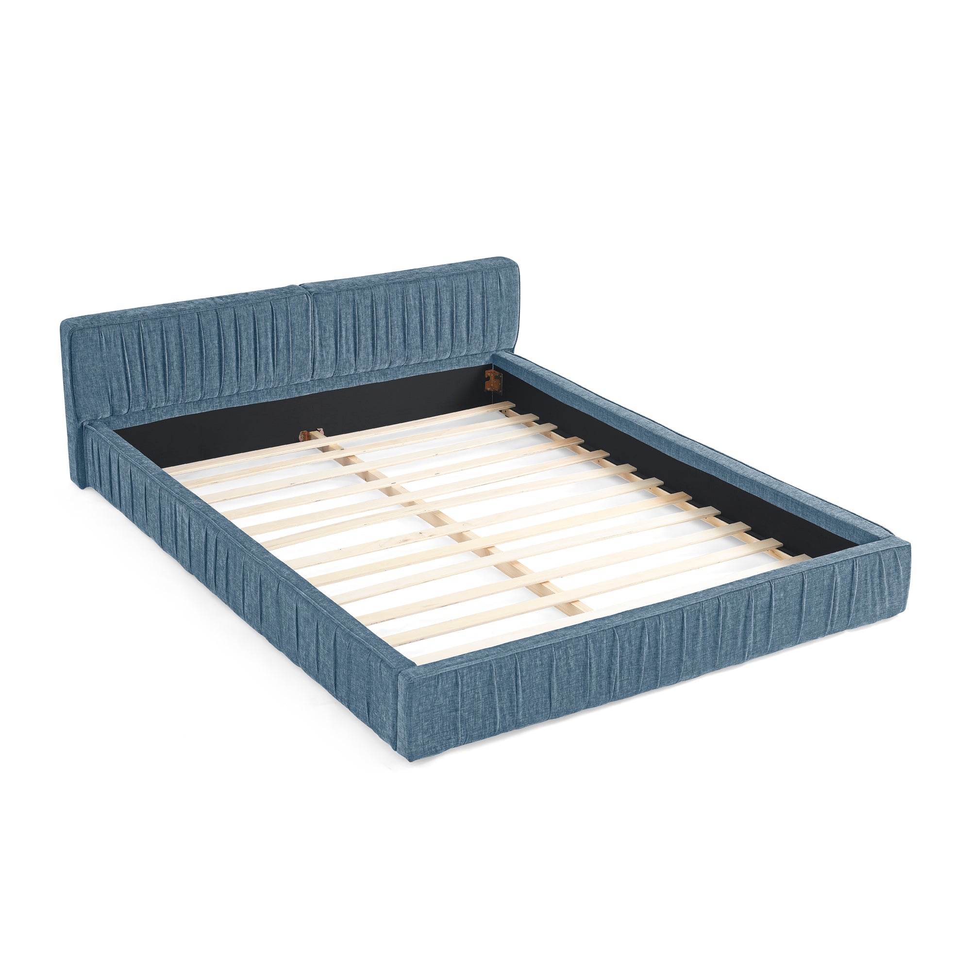 Large blue soft-padded bed frame