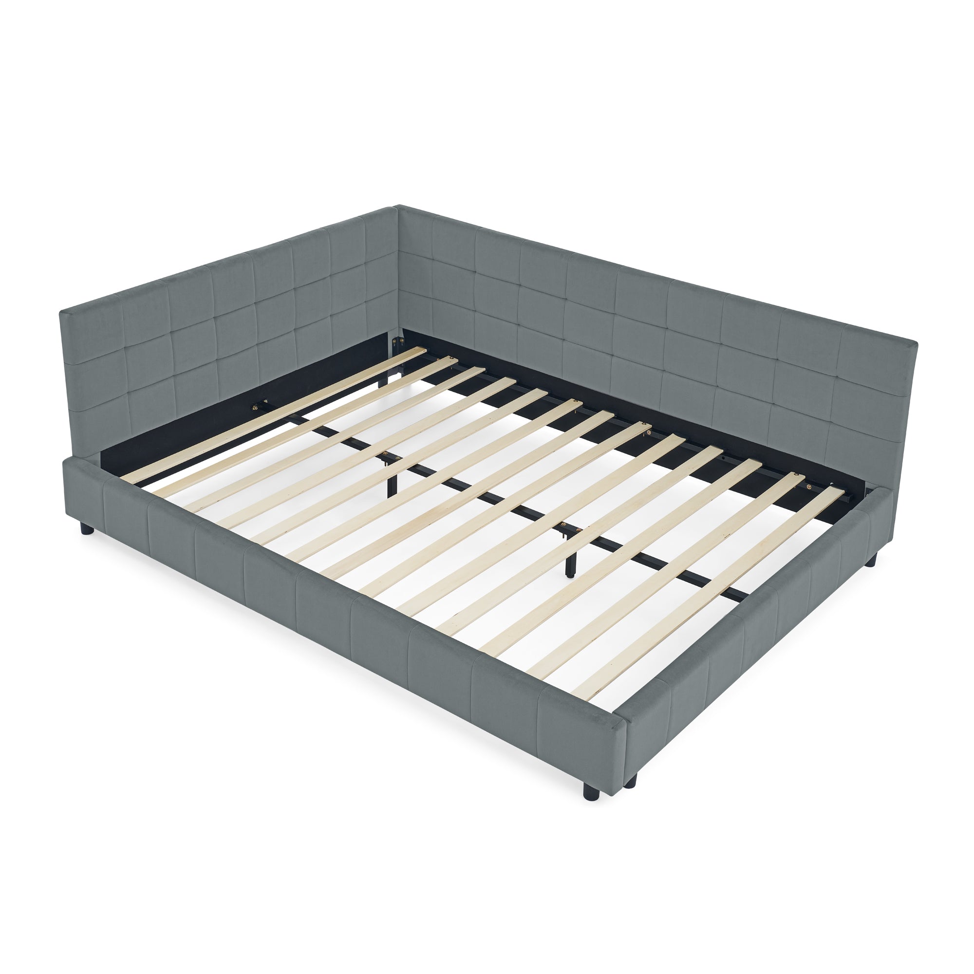 Grey mid-century velvet upholstered tufted king-sized bed frame