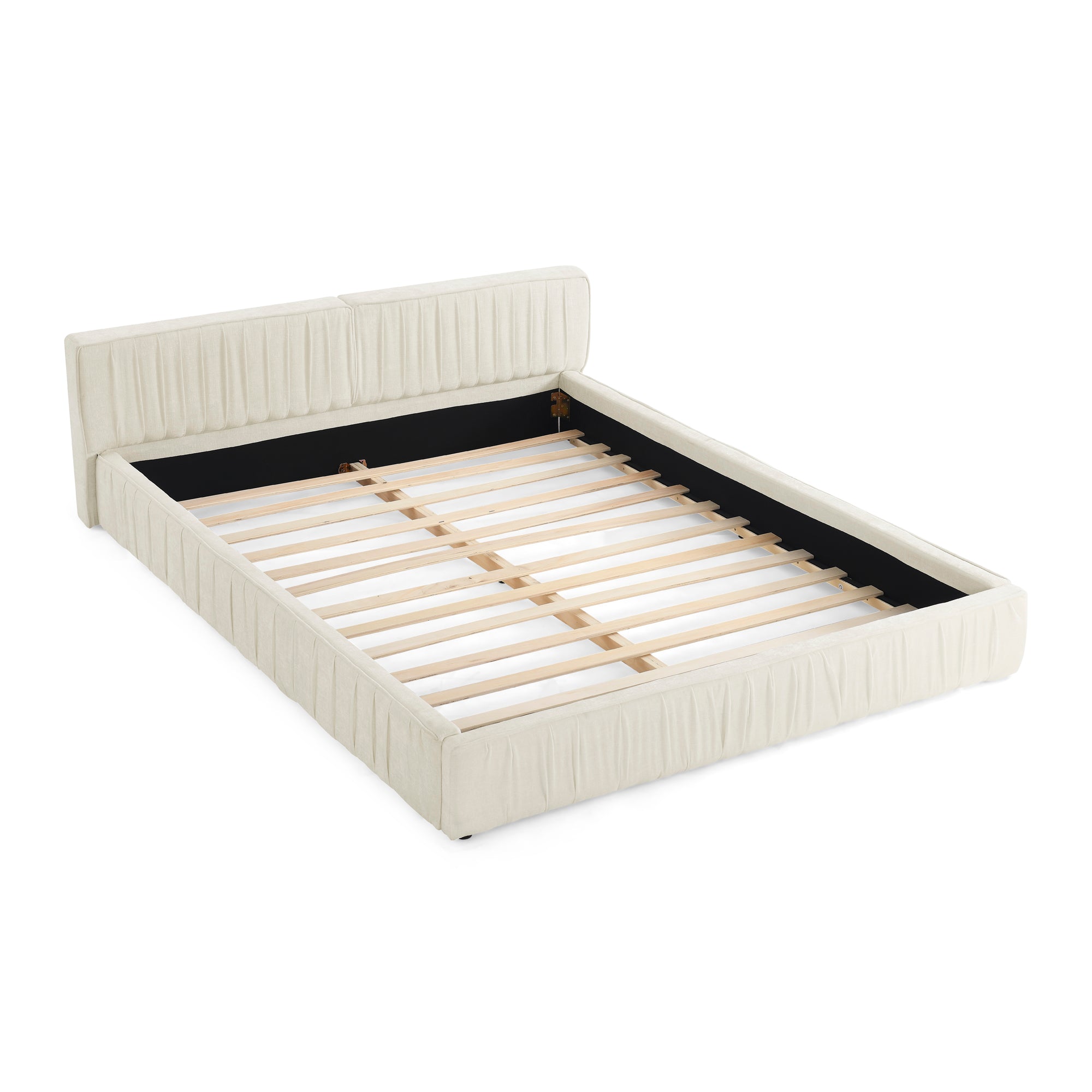 Beige large soft-padded platform bed frame