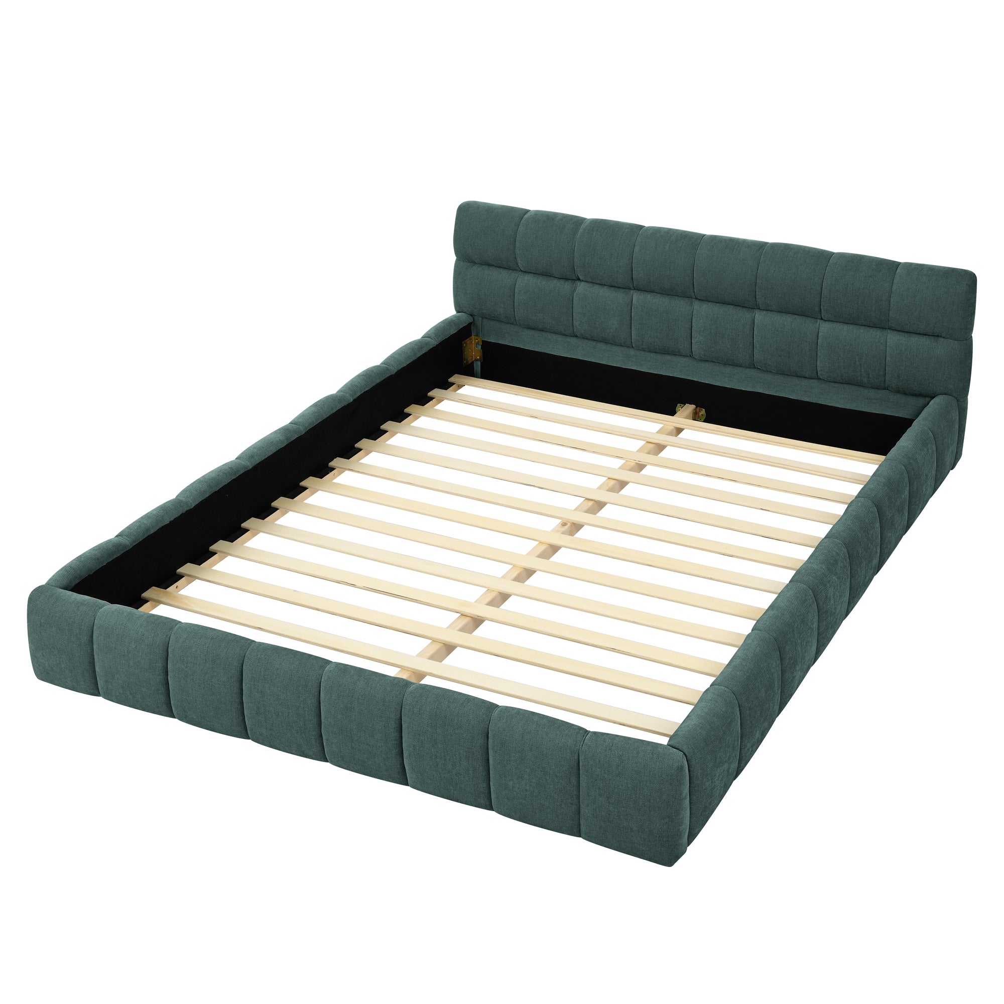 Large soft-padded bed frame in blue-green color