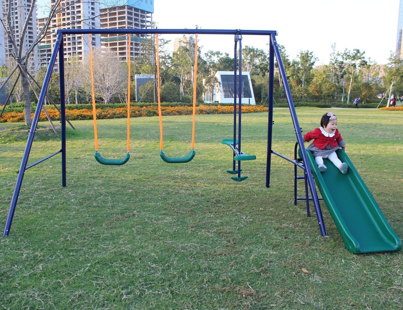 A - Frame Metal Swing Set w/ Slide (Blue, Green, Orange) - KiKiUMi