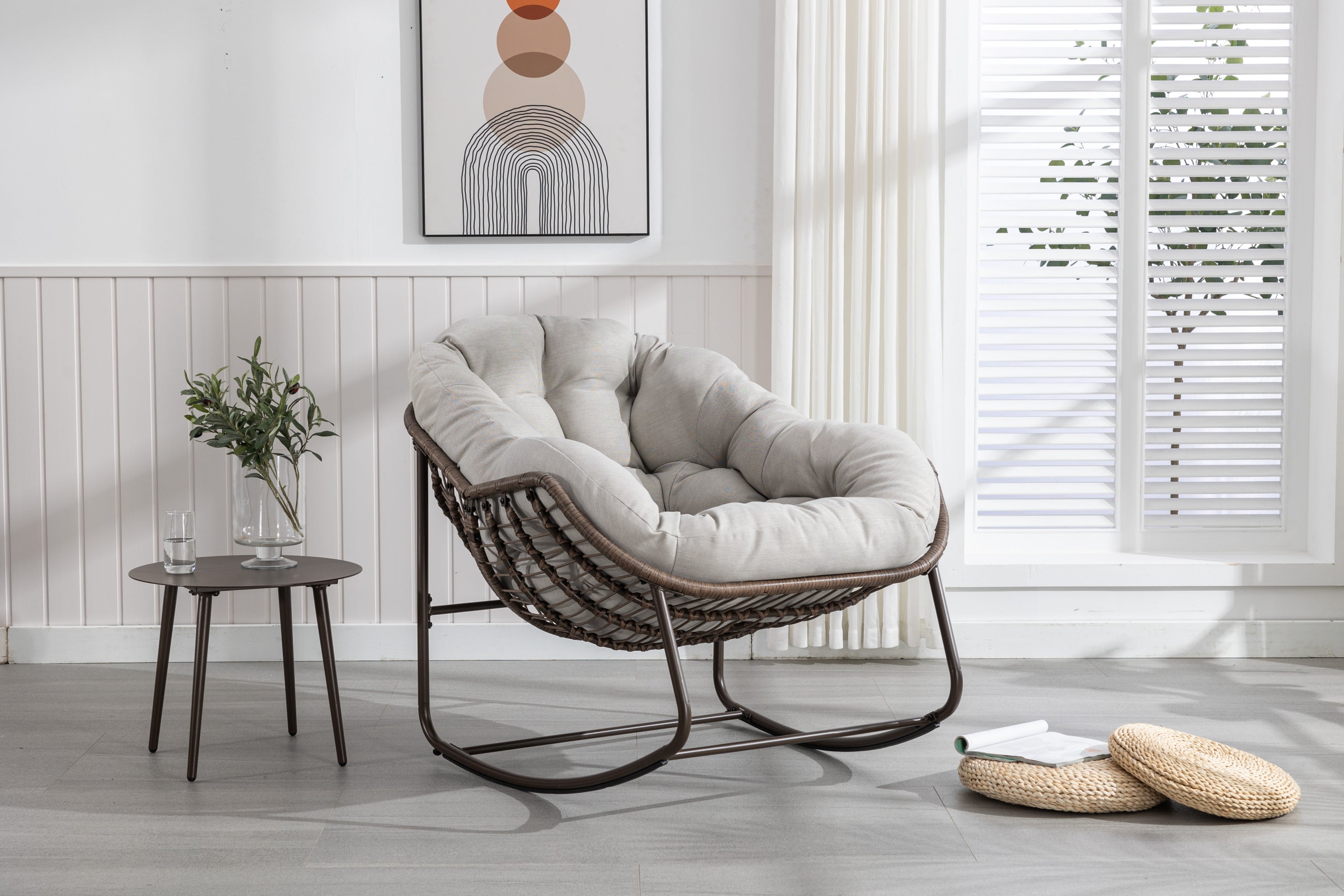 Beige outdoor soft-padded rattan rocking chair and lounge chair