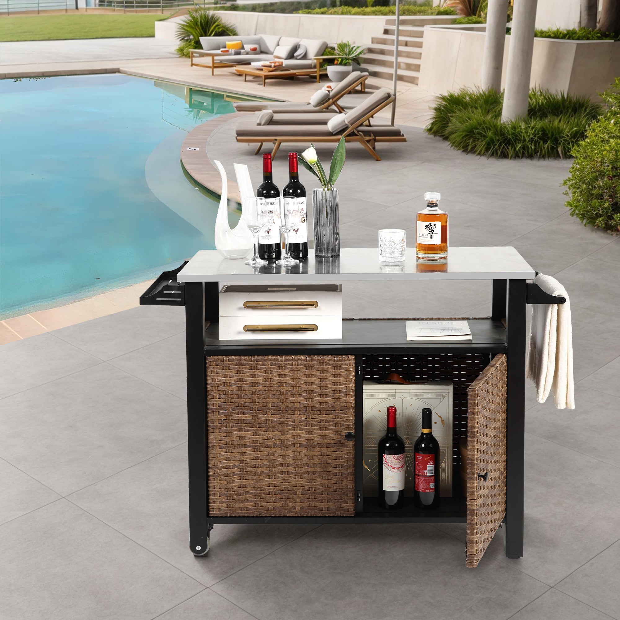 Outdoor kitchen wicker island rolling trolley and storage cabinet