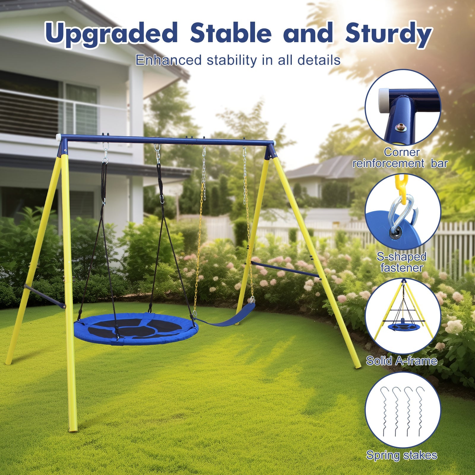 Indoor/Outdoor Metal Swing Set with Safety Belt for Backyard - KiKiUMi