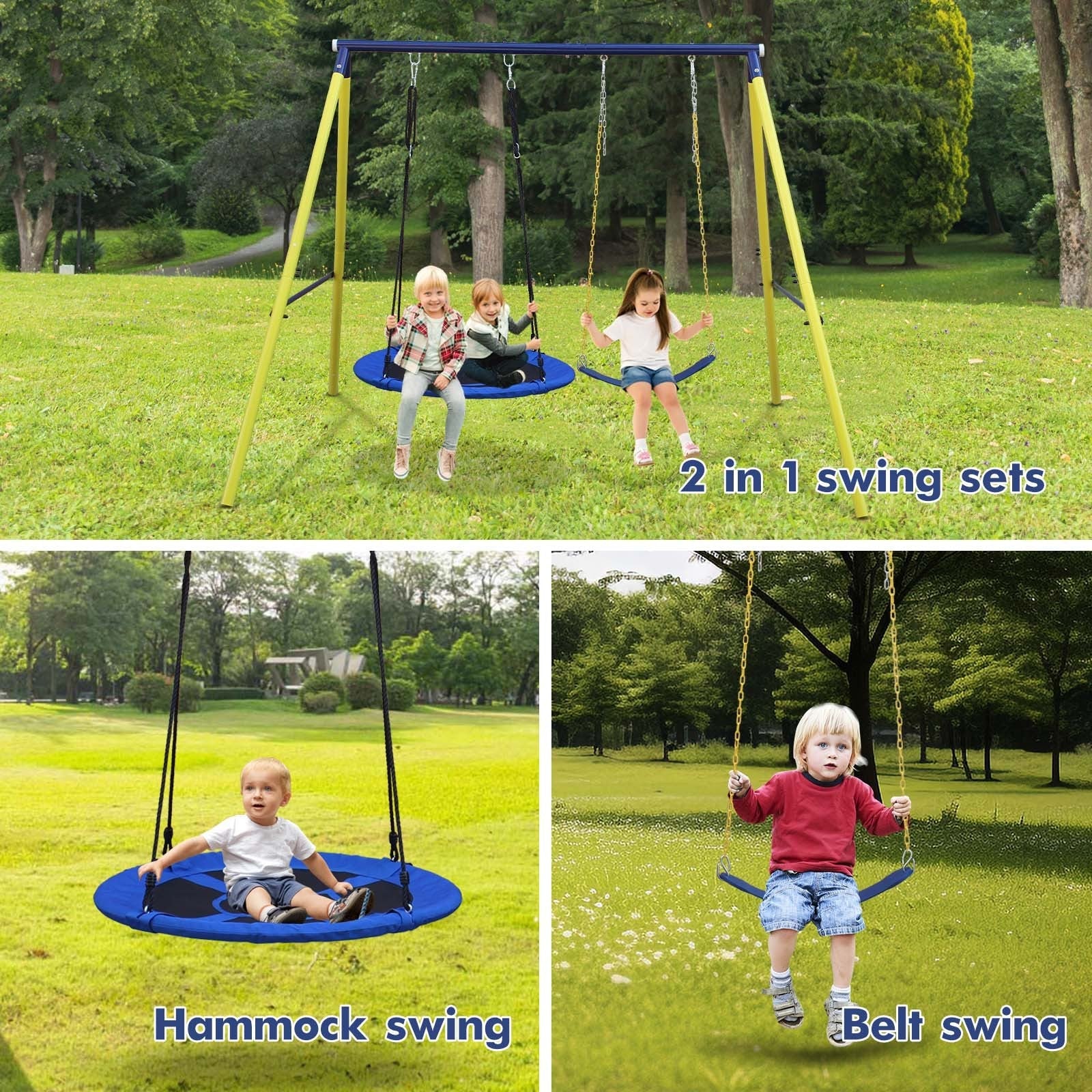 Indoor/Outdoor Metal Swing Set with Safety Belt for Backyard - KiKiUMi