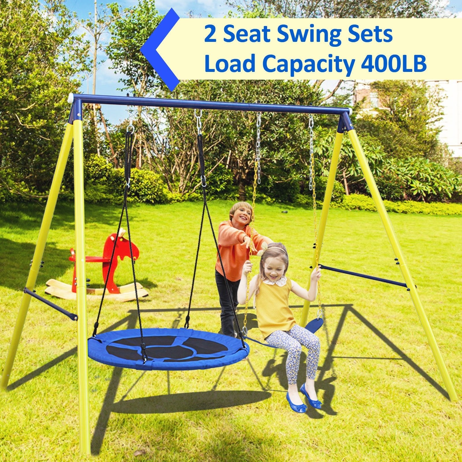 Indoor/Outdoor Metal Swing Set with Safety Belt for Backyard - KiKiUMi