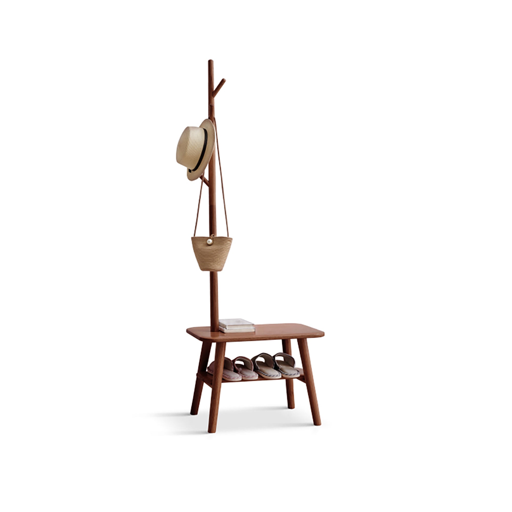 Walnut color natural solid wood shoe stool and clothes hanger - KiKiUMi