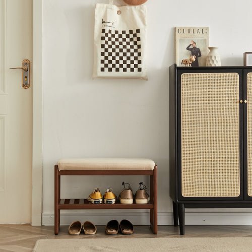 Walnut color natural solid wood shoe stool and clothes hanger - KiKiUMi