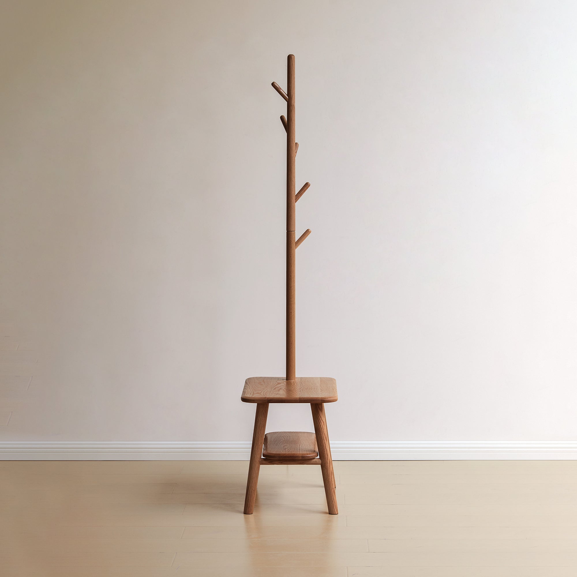 Walnut color natural solid wood shoe stool and clothes hanger - KiKiUMi