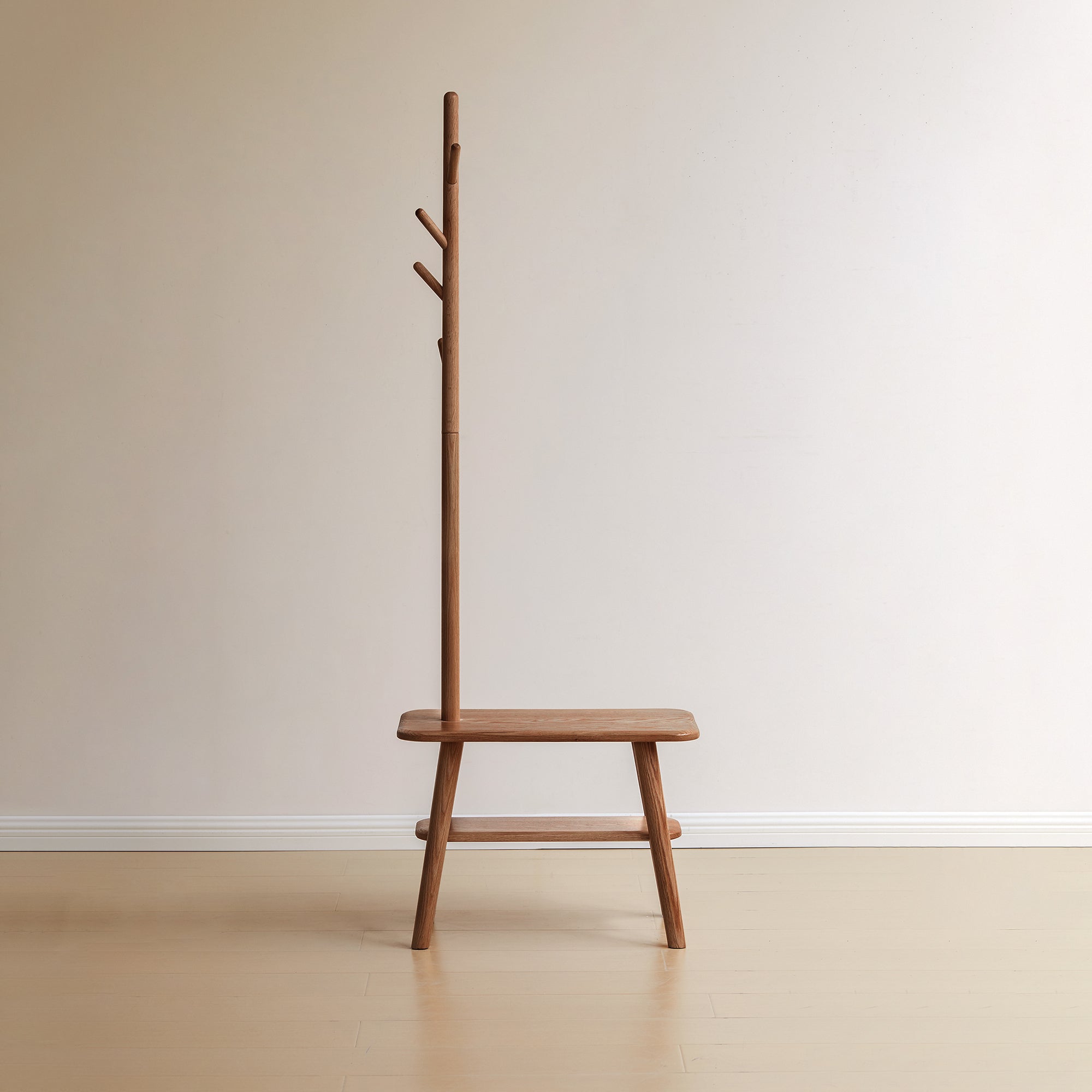 Walnut color natural solid wood shoe stool and clothes hanger - KiKiUMi