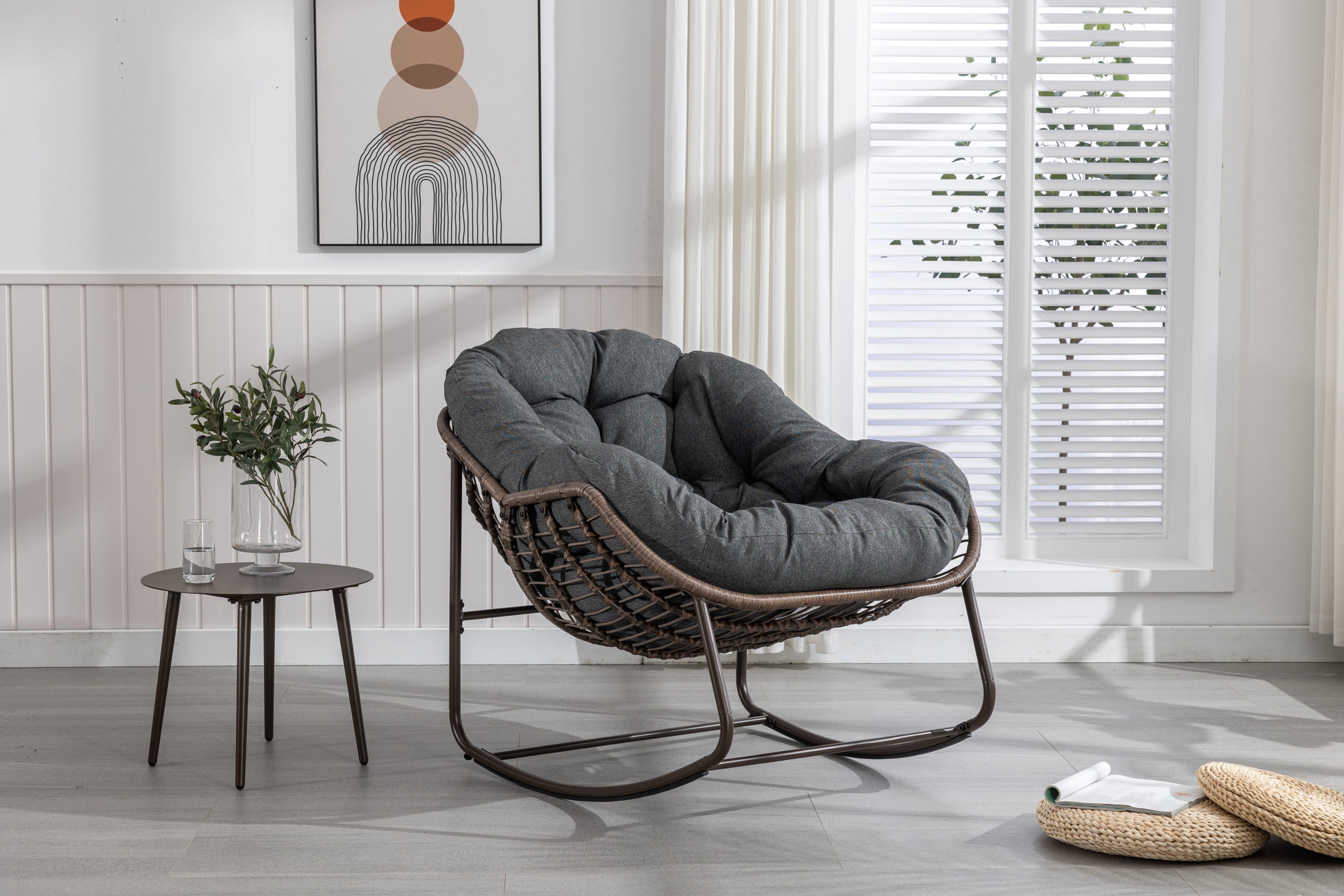 Grey outdoor soft-padded rattan rocking chair and lounge chair