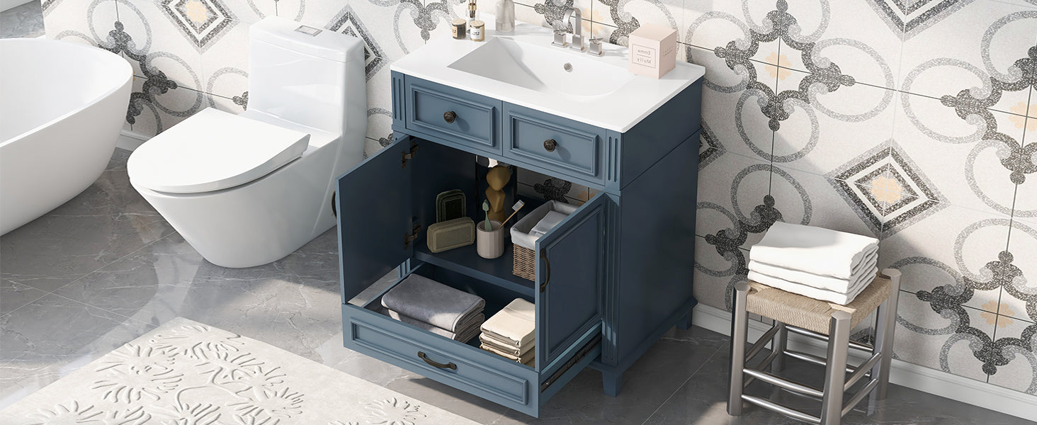 Blue 30 "ceramic sink solid wood frame bathroom dressing table