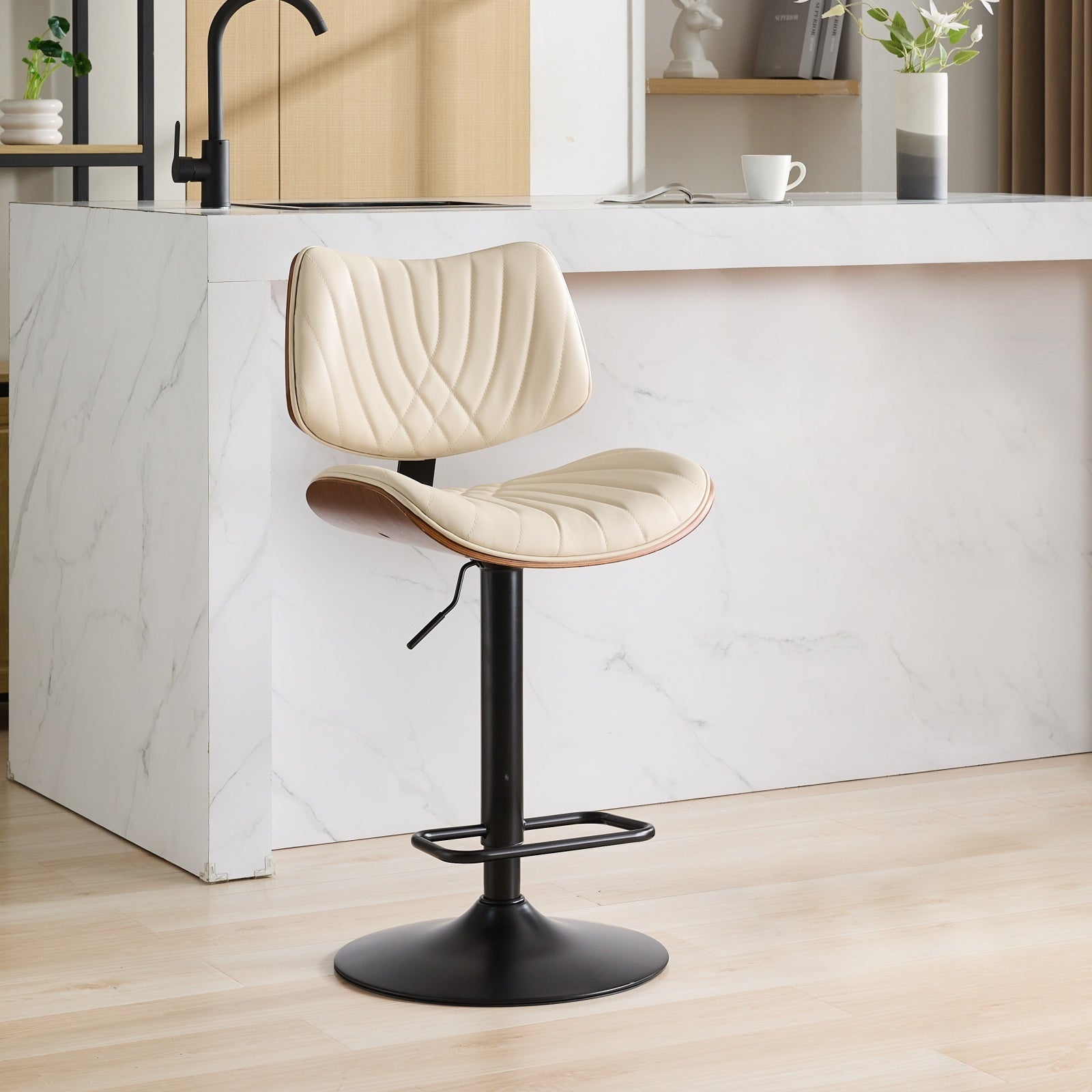 Beige leather upholstered 360° rotating bar chair