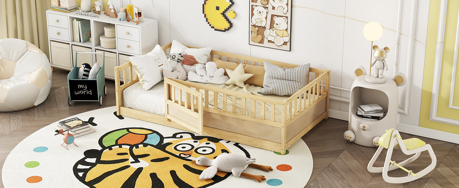 Natural wood support board, double Montessori wooden children's floor bed