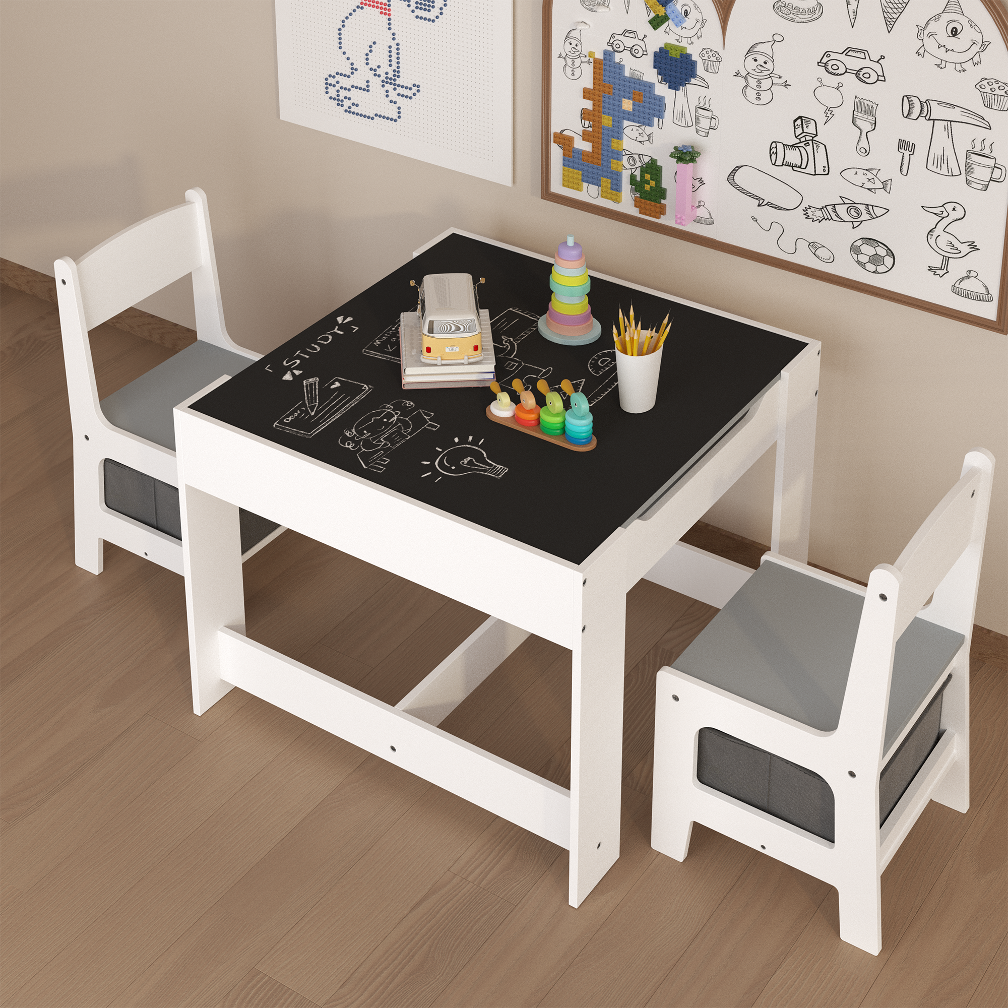 3-in-1 wooden children's table and chair set
