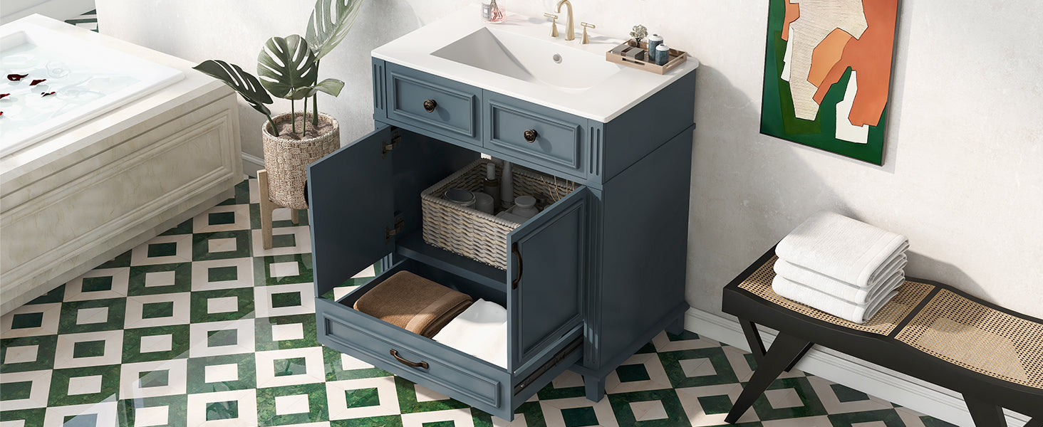 Blue 30 "ceramic sink solid wood frame bathroom dressing table