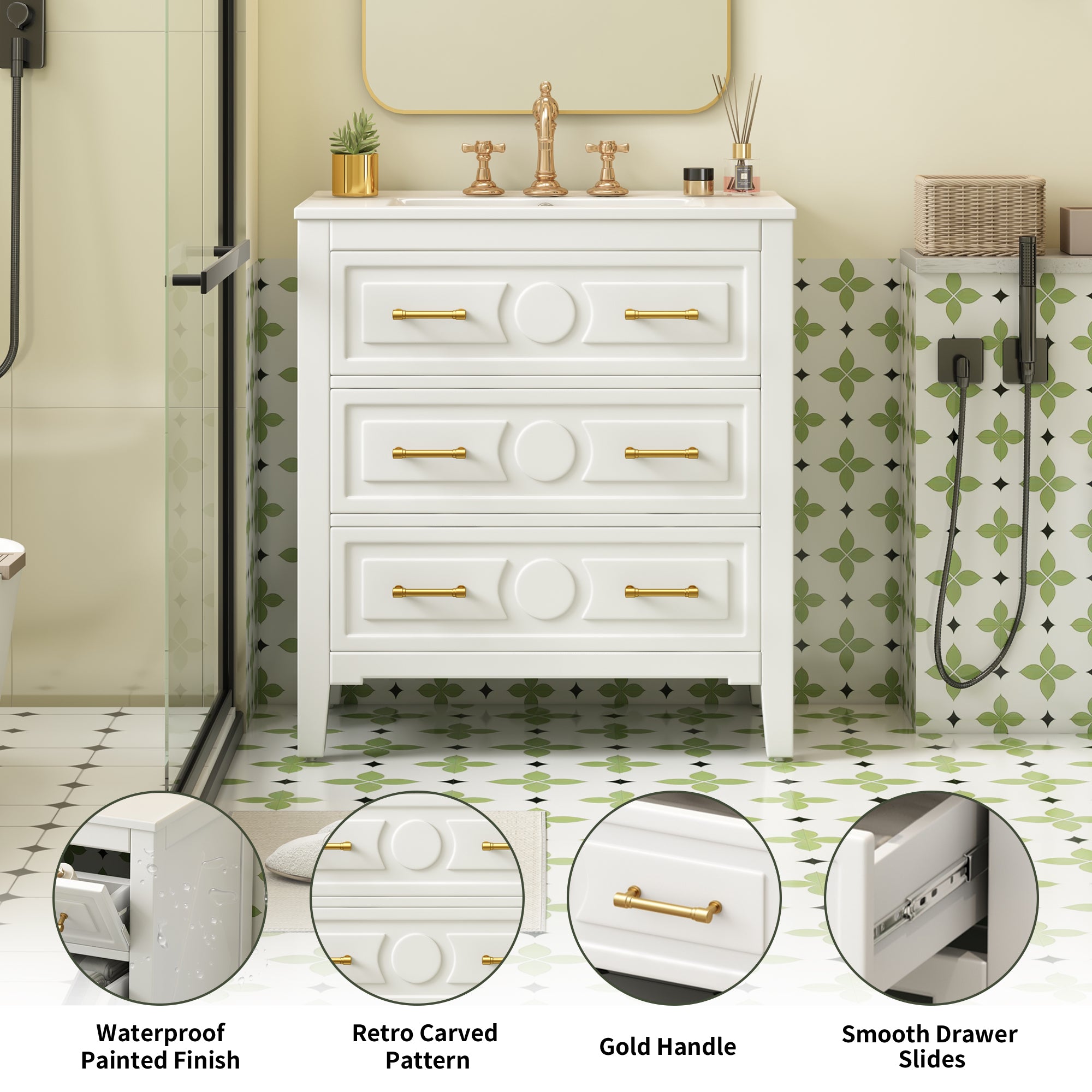 30 "Ceramic sink solid wood frame independent single dressing table set（white）