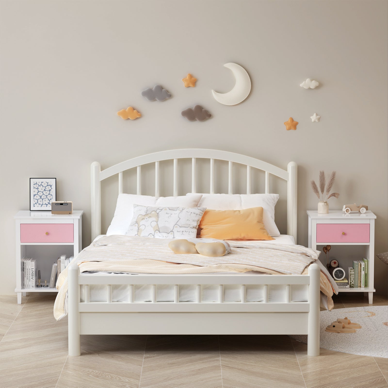 Pink wooden bedside table with drawers and storage cabinets