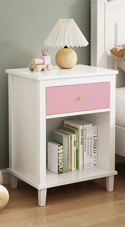 Pink wooden bedside table with drawers and storage cabinets
