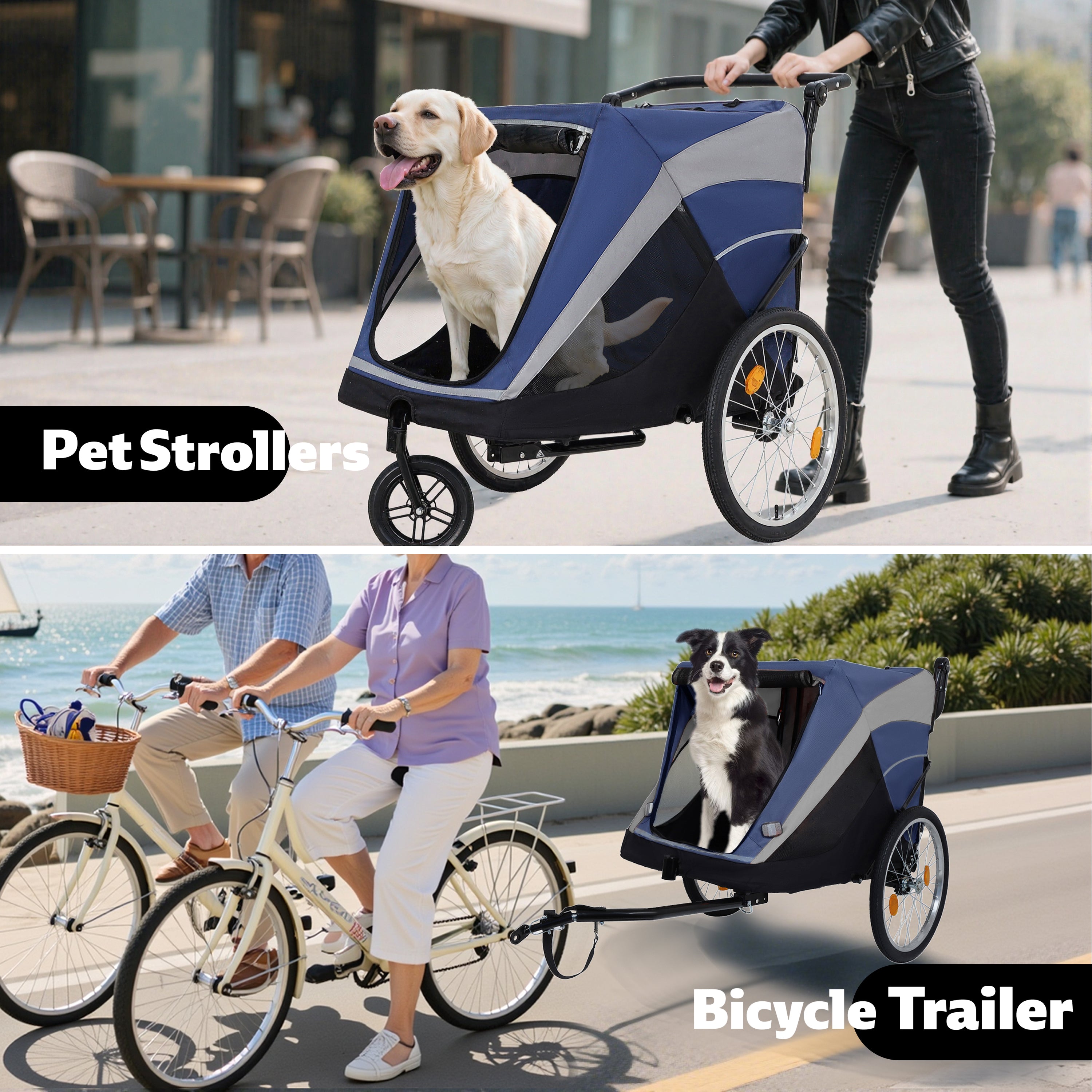 Detachable 2-in-1 pet bicycle trailer and stroller(Black+Blue)