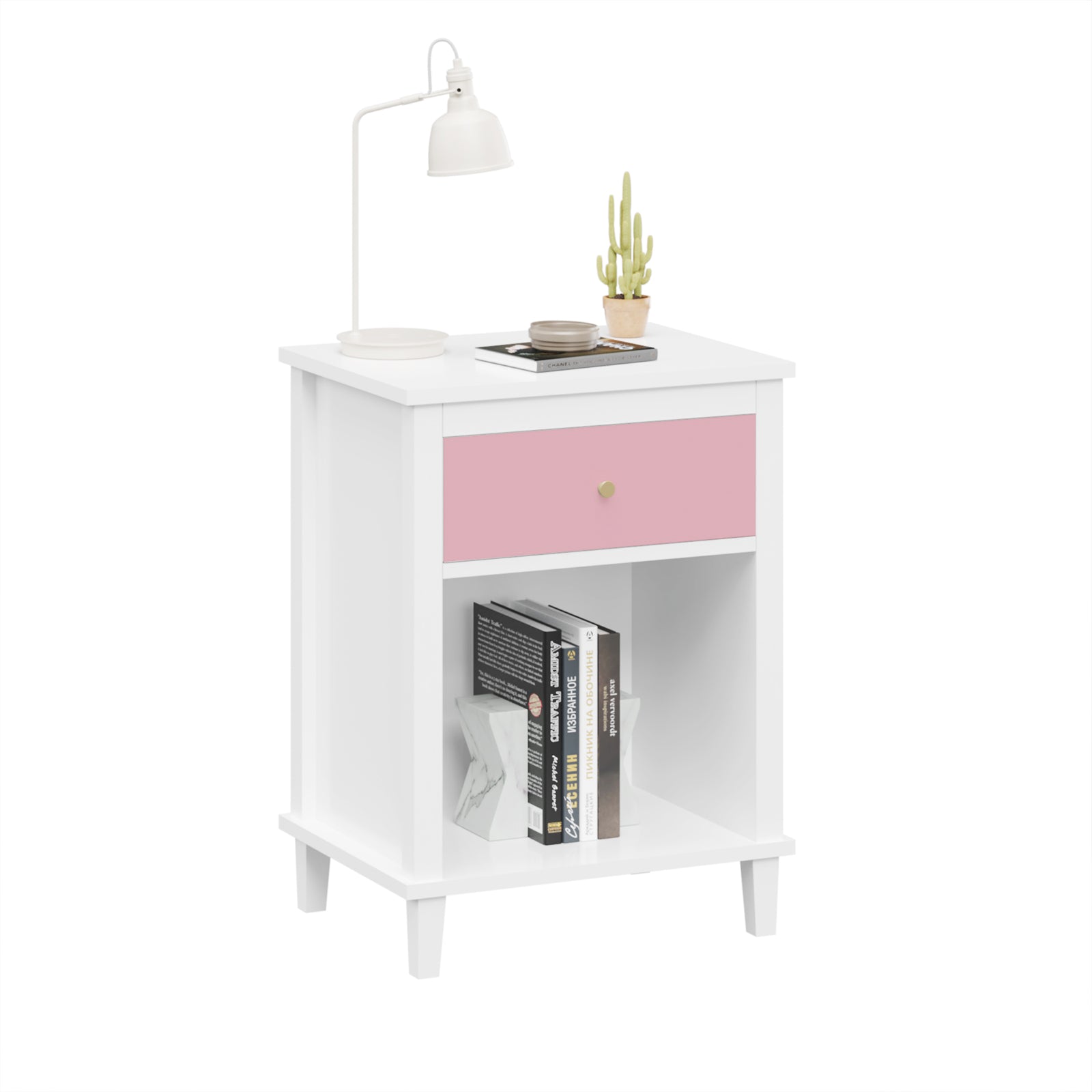 Pink wooden bedside table with drawers and storage cabinets