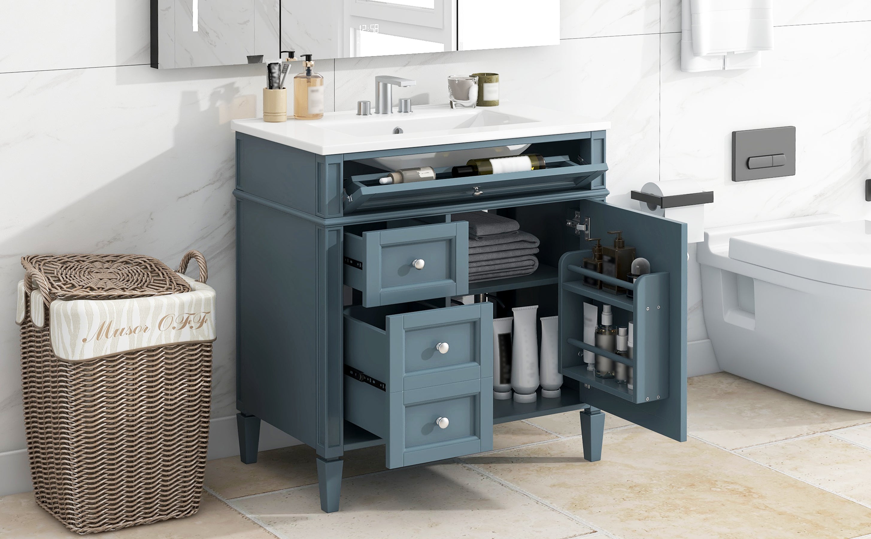 30 "Single sink bathroom dressing table, modern bathroom storage cabinet(blue)