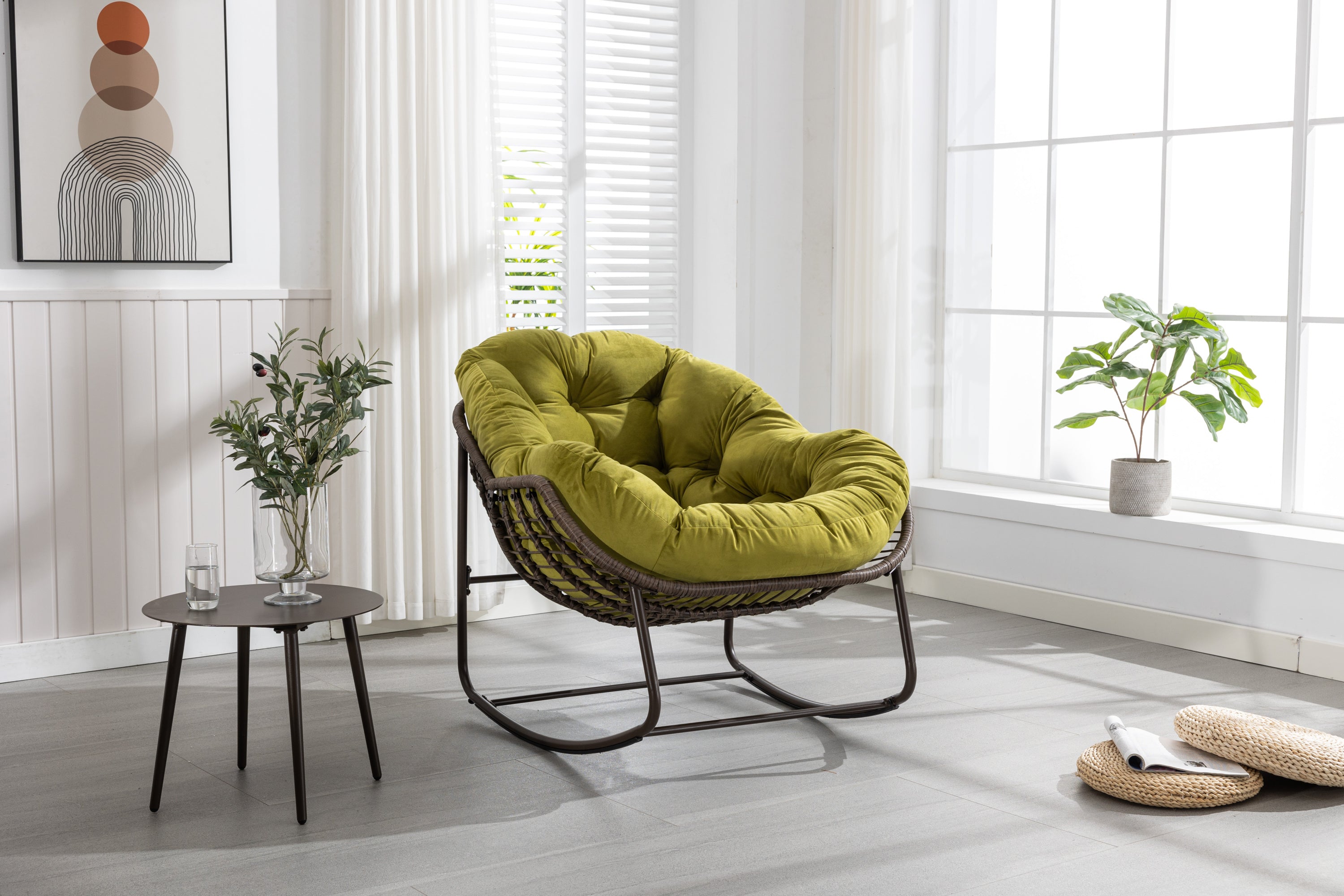 Outdoor soft-padded rattan rocking chair(Olive Green)