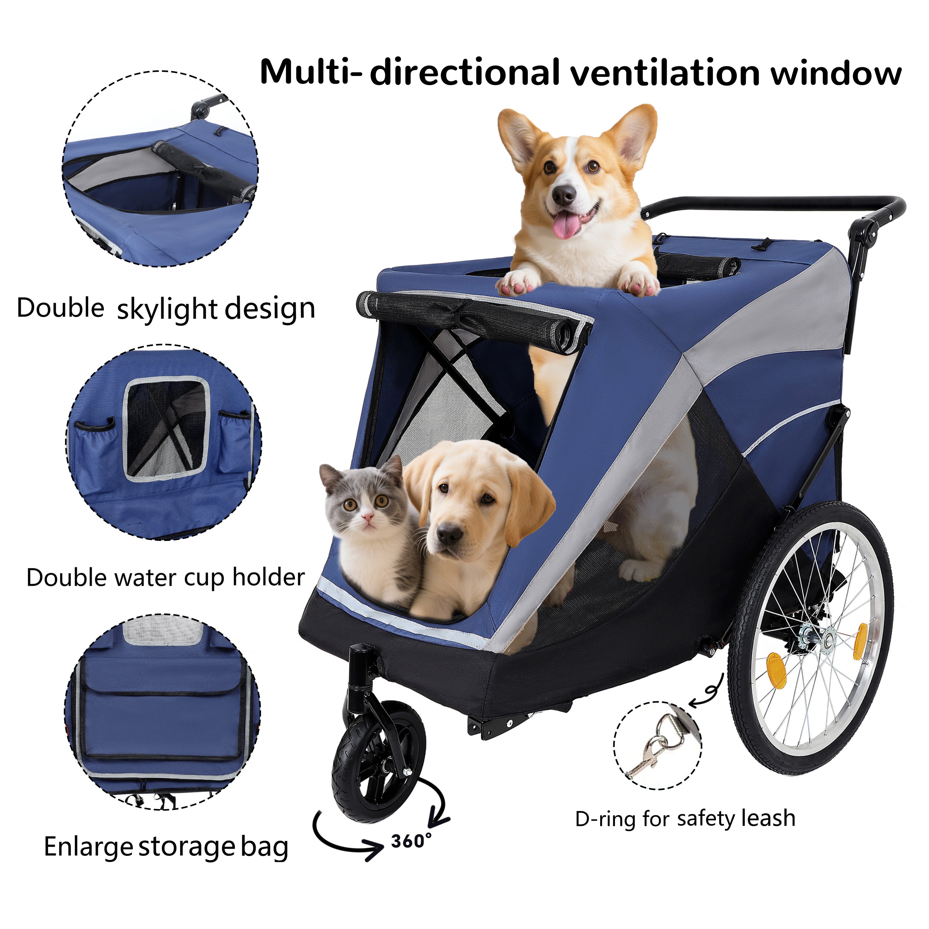 Detachable 2-in-1 pet bicycle trailer and stroller(Black+Blue)