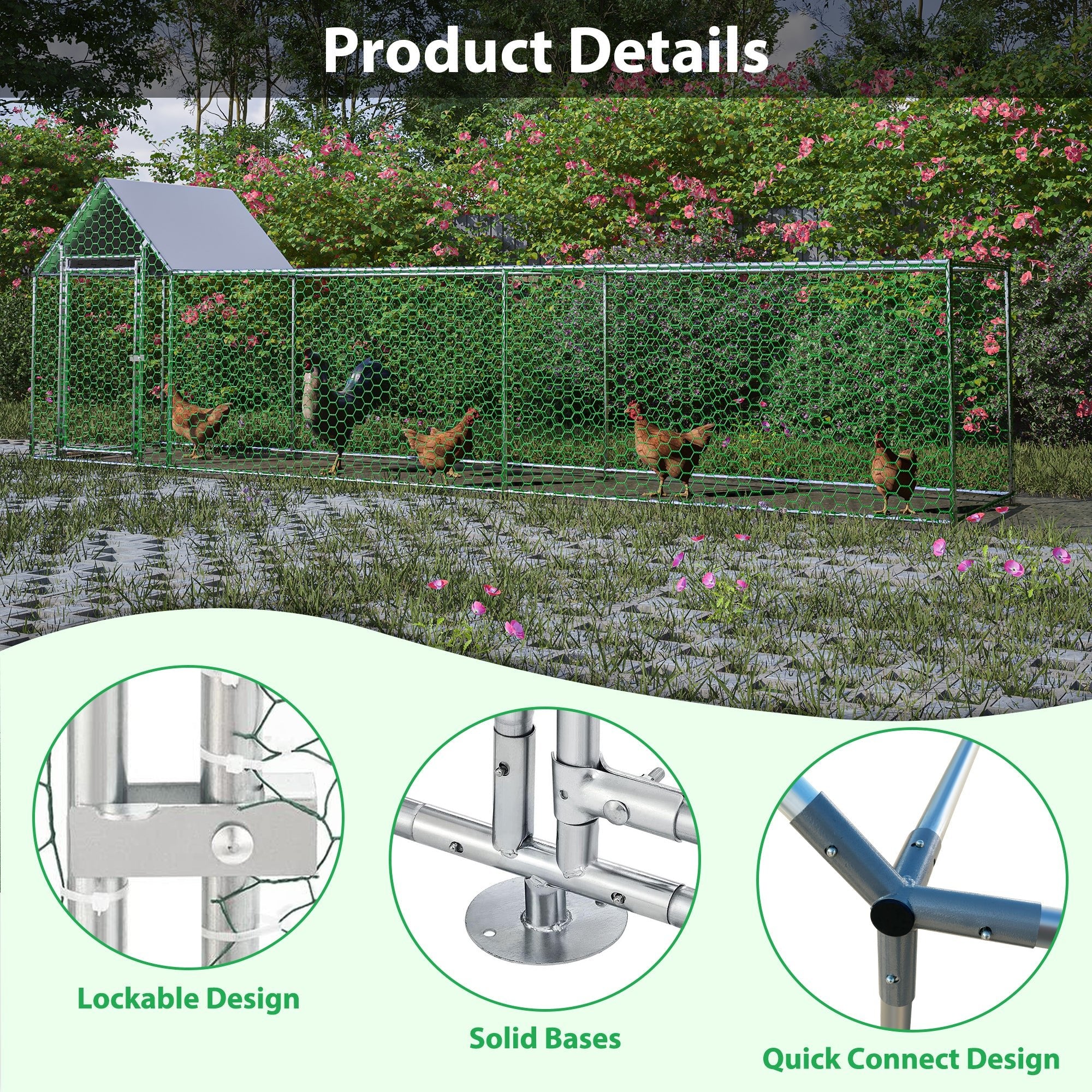 16x3FT Metal Chicken Coop Run Backyard Hen House Poultry Habitat Cage w/Cover - KiKiUMi