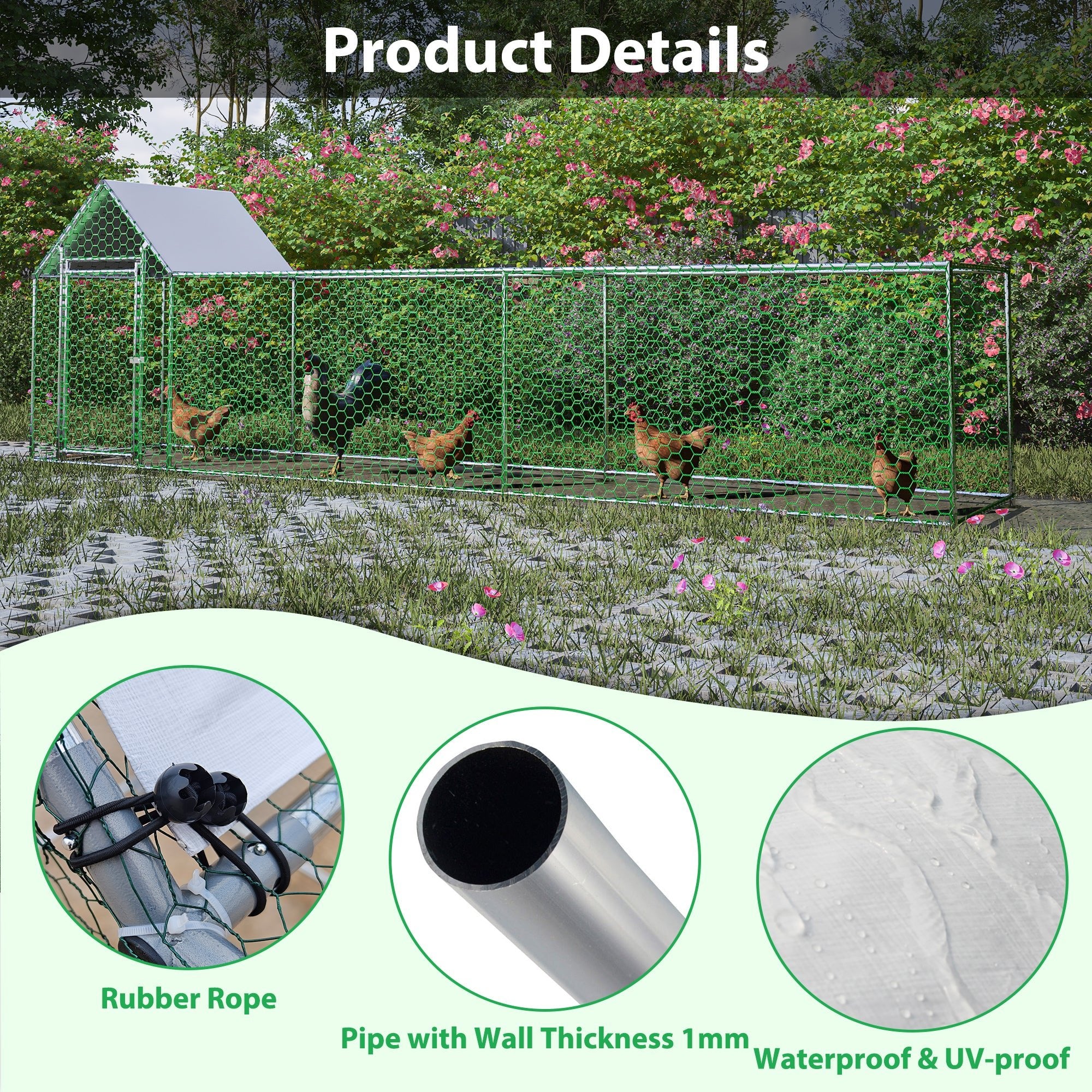 16x3FT Metal Chicken Coop Run Backyard Hen House Poultry Habitat Cage w/Cover - KiKiUMi