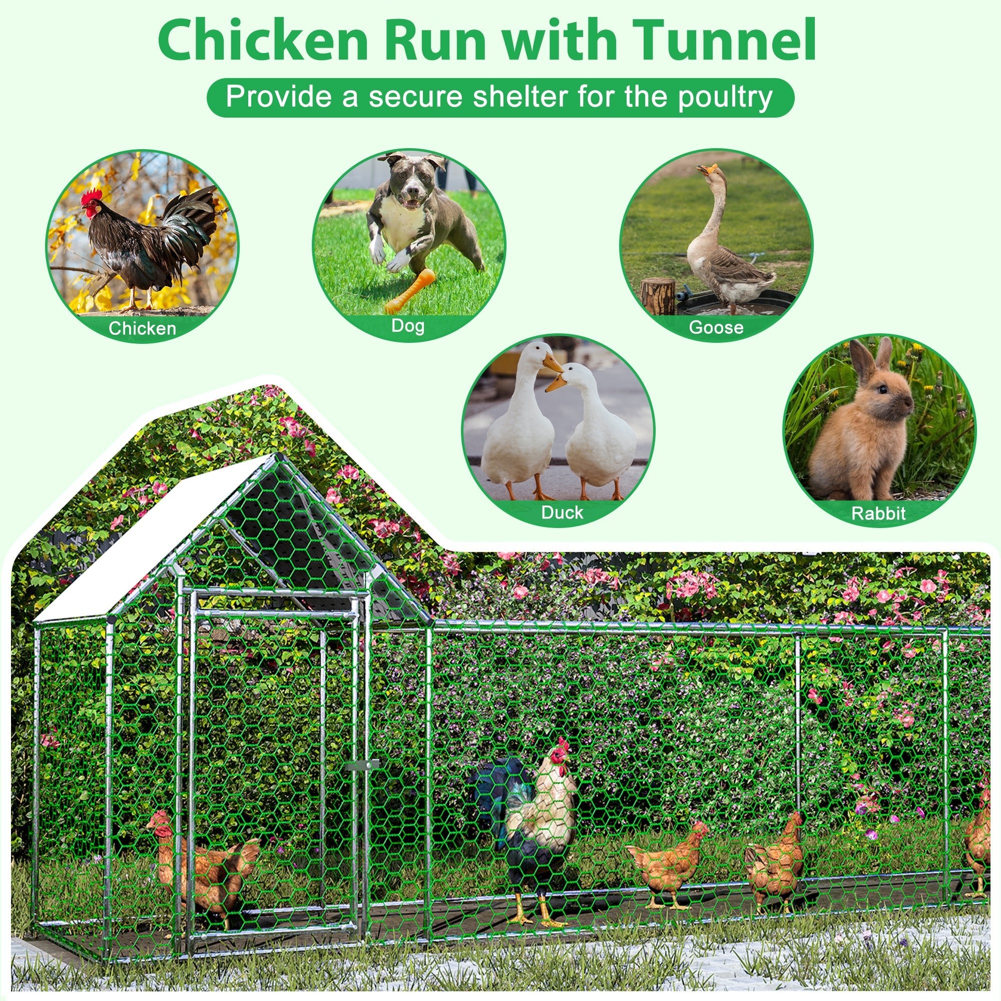 16x3FT Metal Chicken Coop Run Backyard Hen House Poultry Habitat Cage w/Cover - KiKiUMi