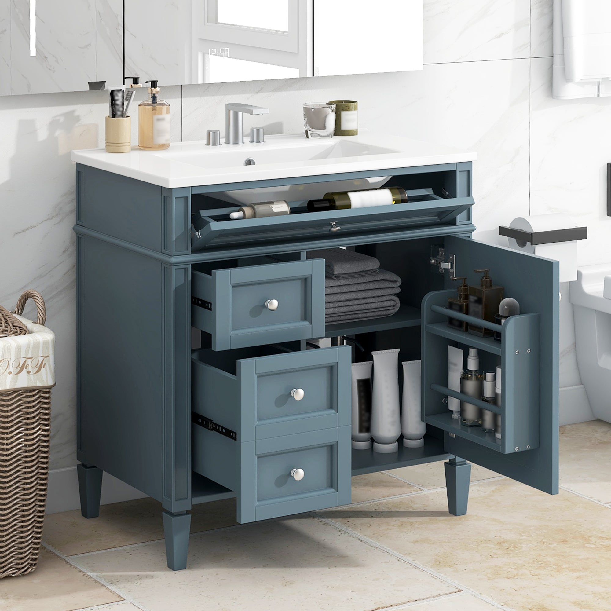 30 "Single sink bathroom dressing table, modern bathroom storage cabinet(blue)