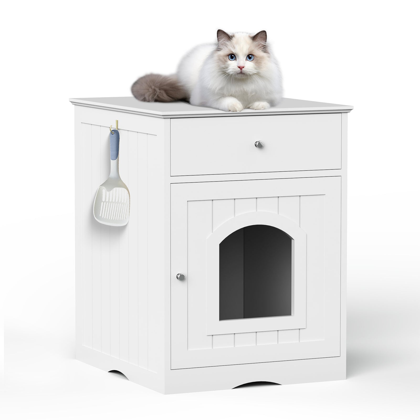 Wooden pet cat litter box with drawers and side tables and a cat's bedside table (White)