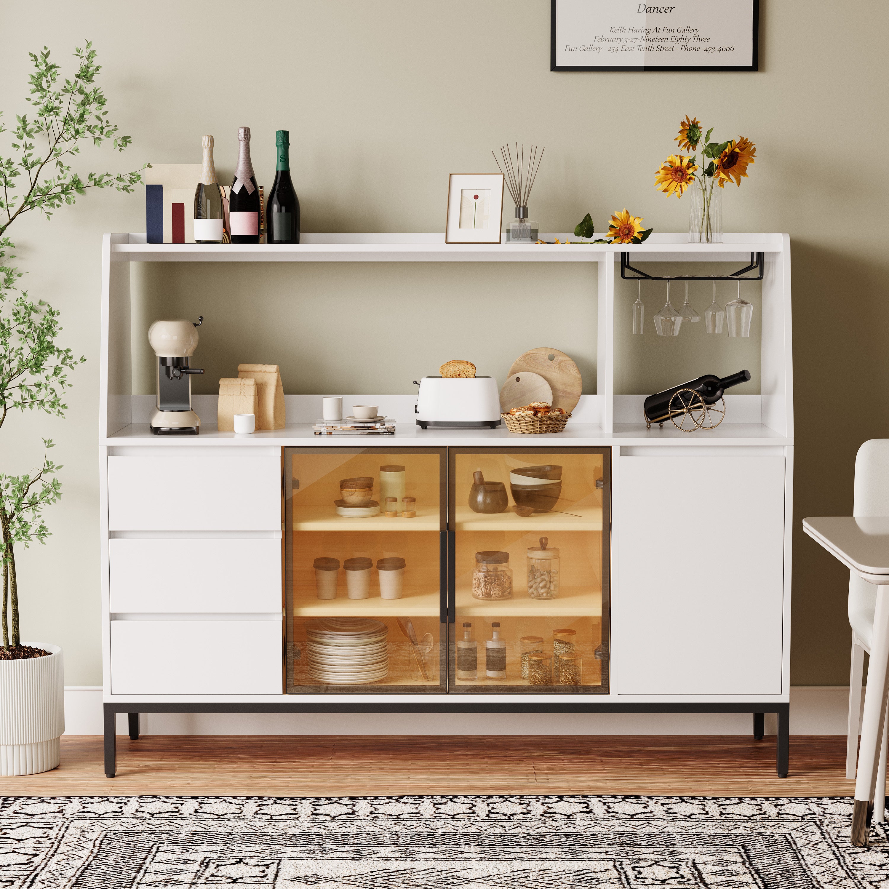 modern sideboard with three drawers, a glass-door storage cabinet and side cabinets