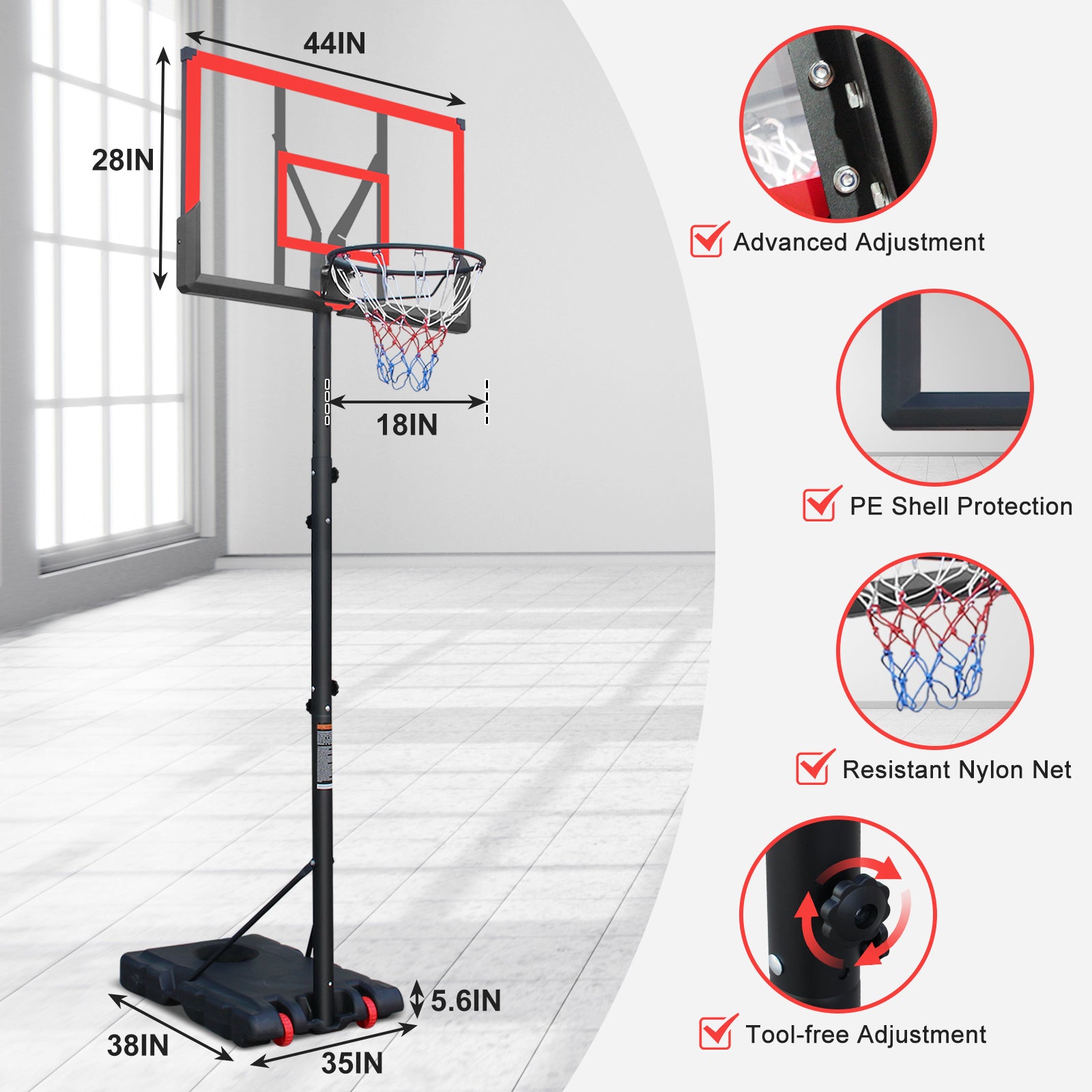 44-inch red adjustable portable basketball stand