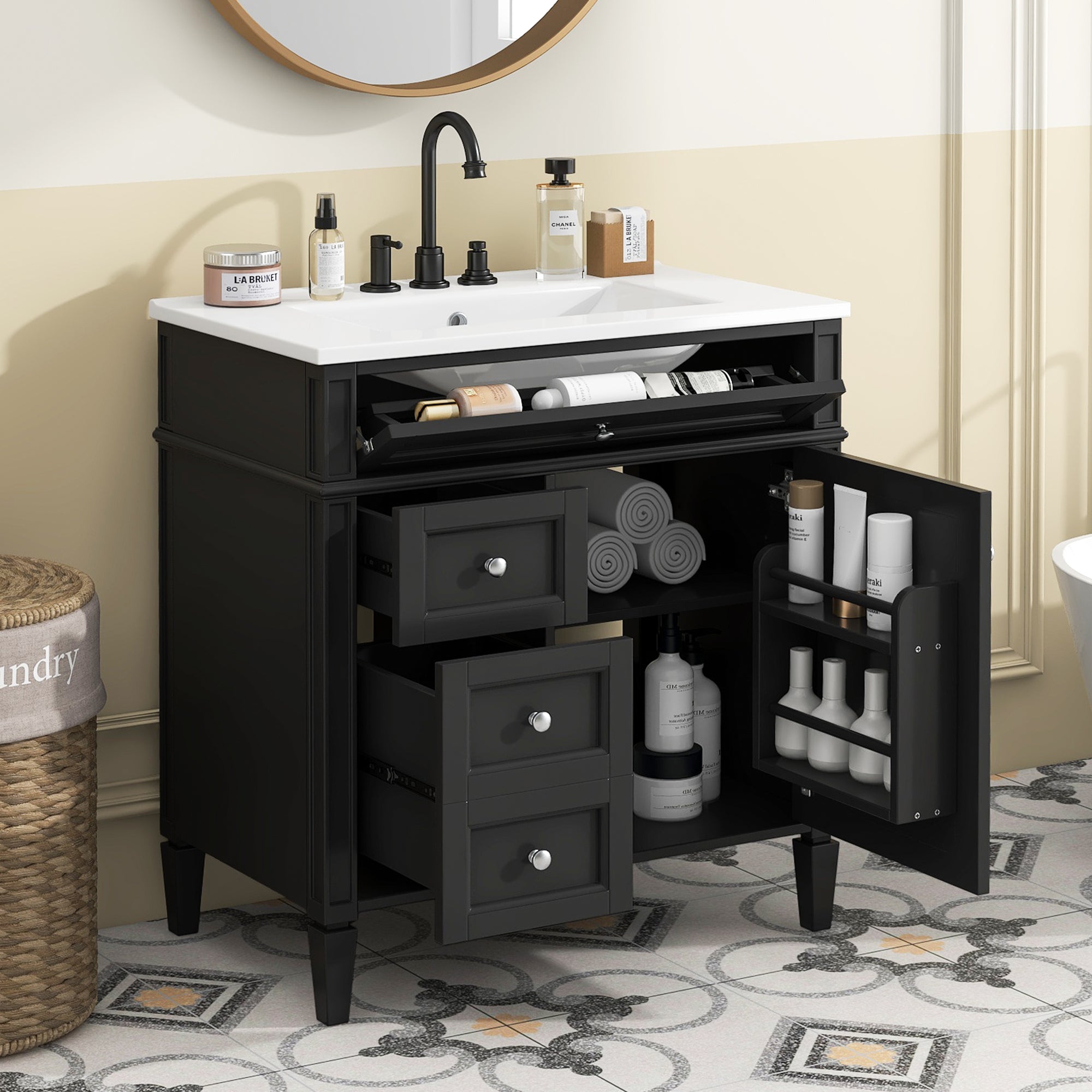 Single sink bathroom dressing table and modern bathroom storage cabinet(Black)