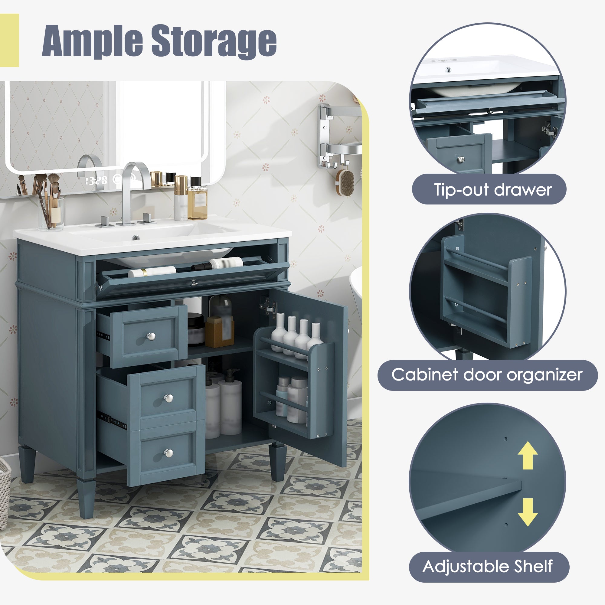 30 "Single sink bathroom dressing table, modern bathroom storage cabinet(blue)