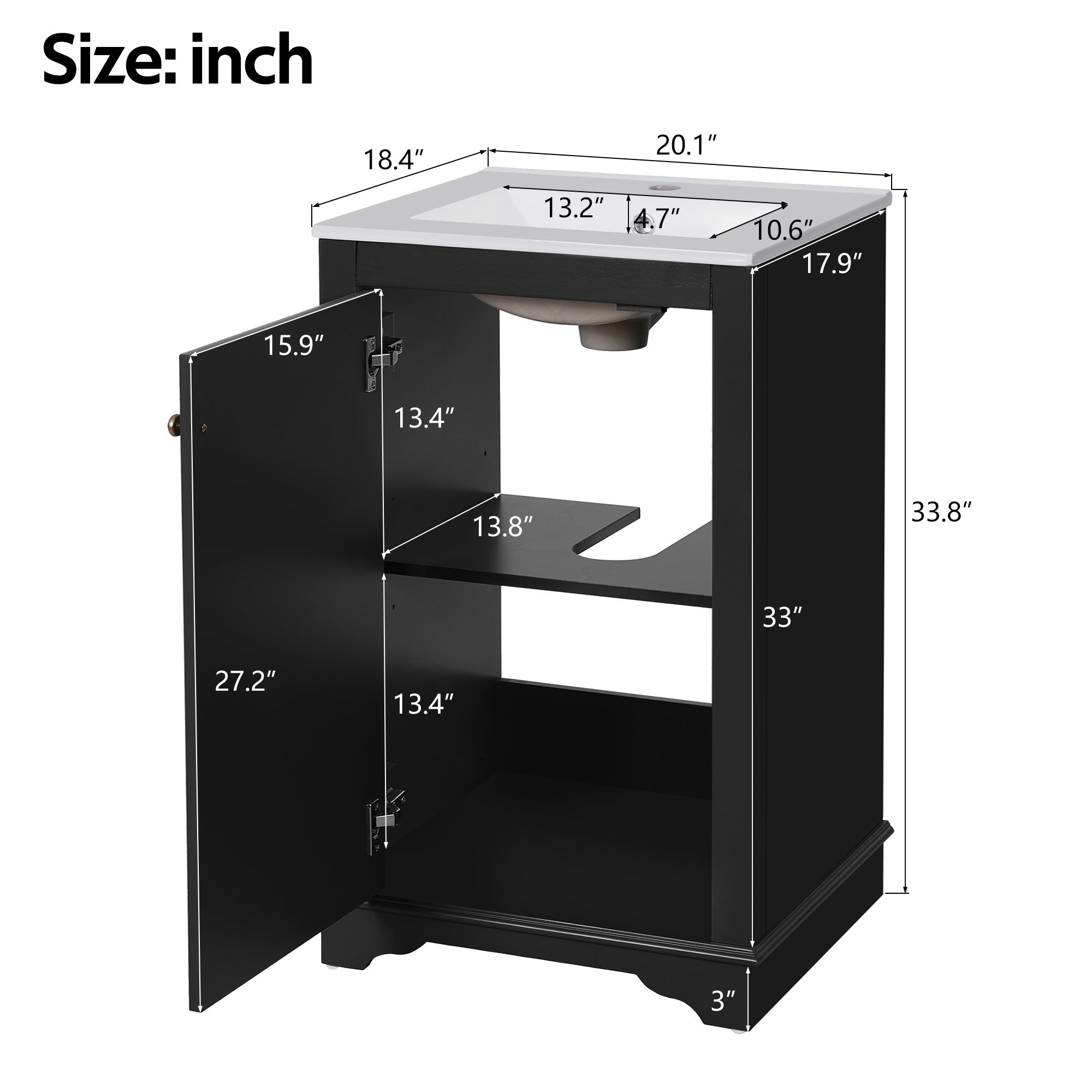 20 - inch ceramic sink standalone single dressing table set(black) - KiKiUMi