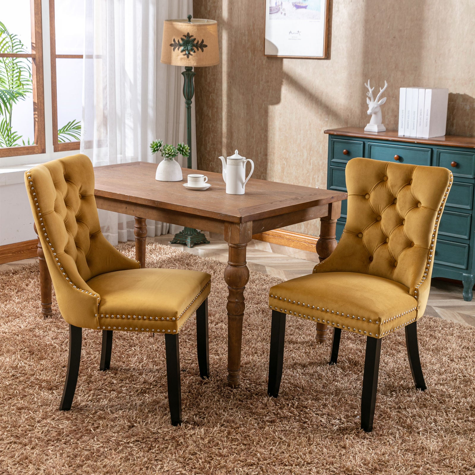 Two velvet cushioned bar stools (gold)