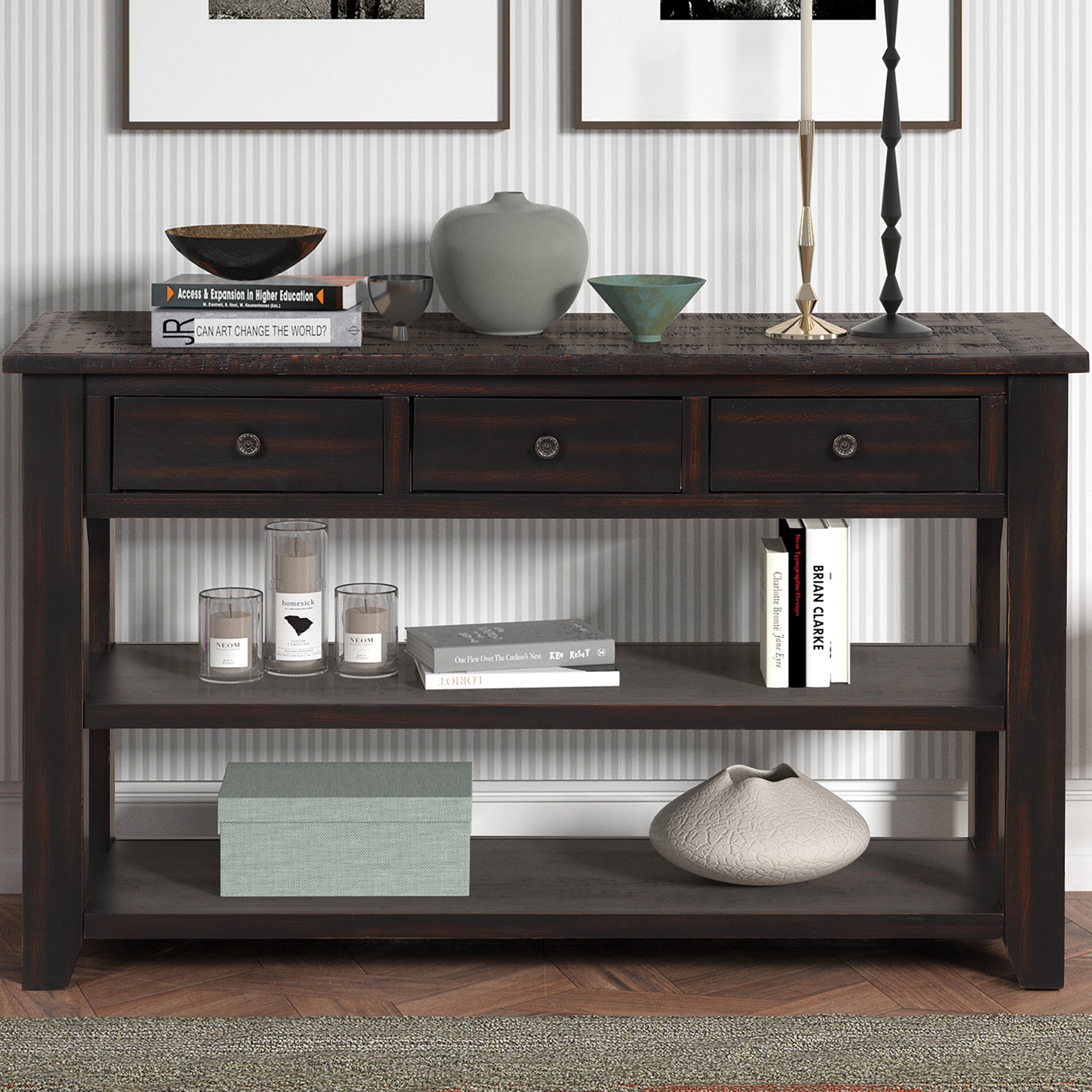 Modern solid pine top control console table(distressed black)
