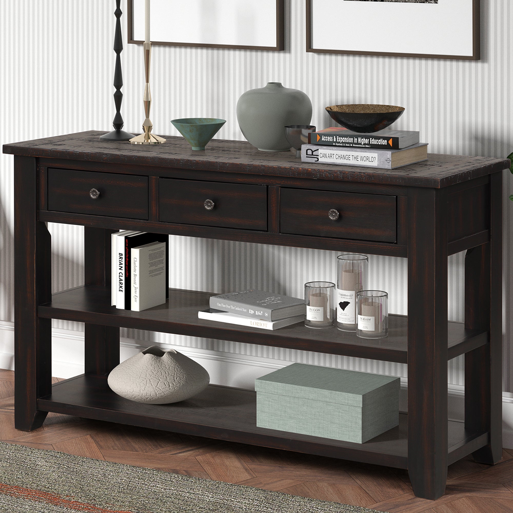 Modern solid pine top control console table(distressed black)