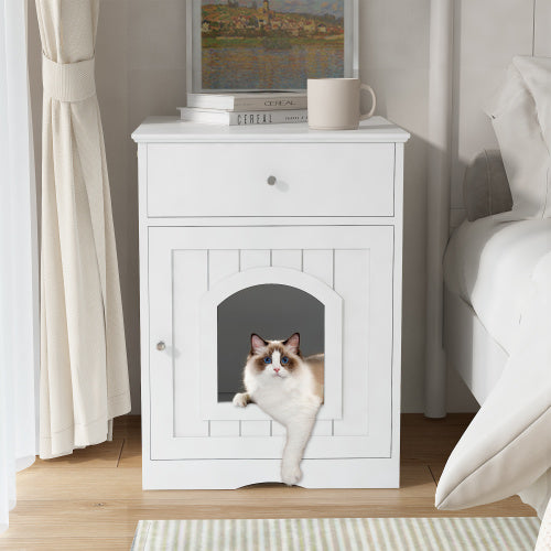 Wooden pet cat litter box with drawers and side tables and a cat's bedside table (Brown)