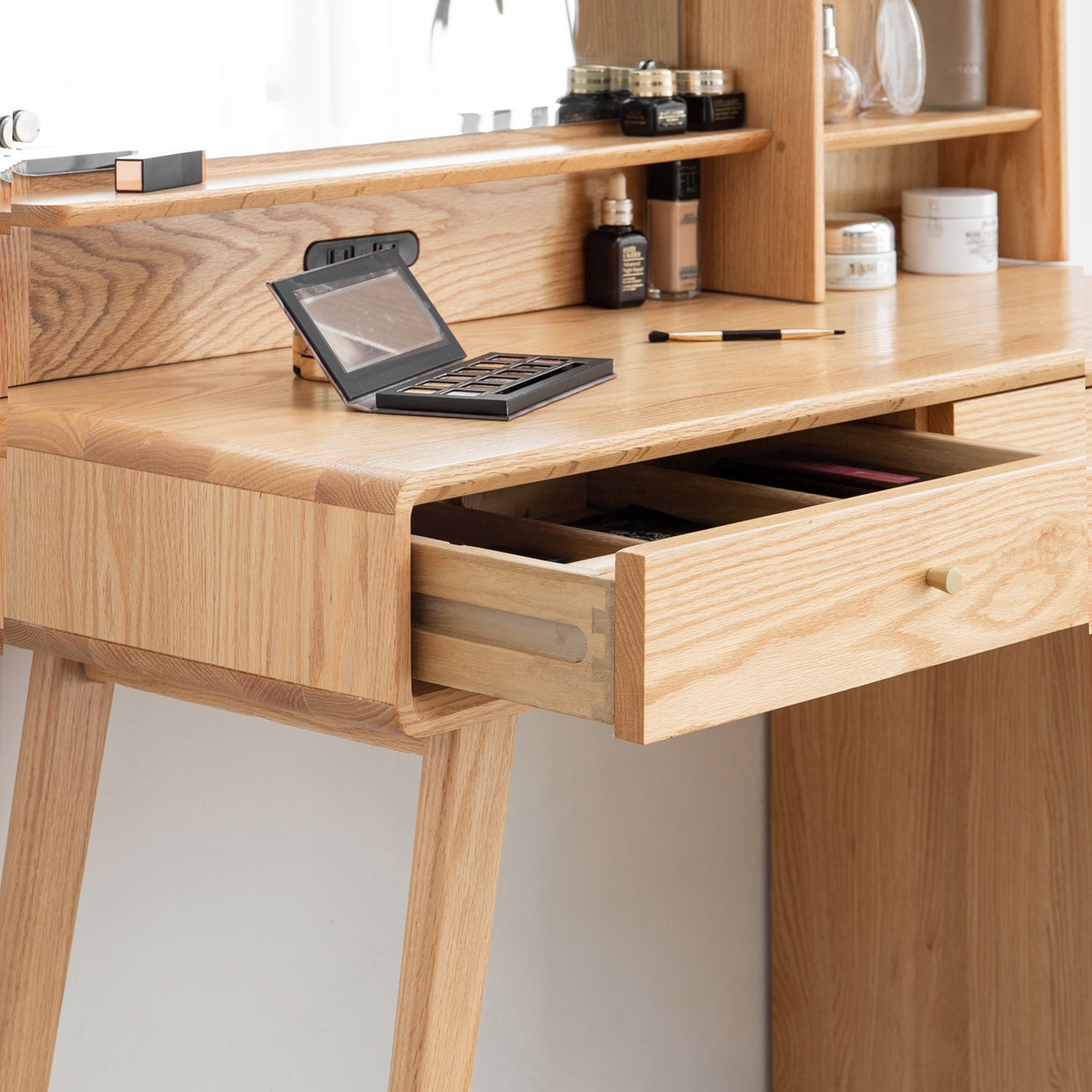 Solid Oak Dressing Table Set,Vanity Set with Mirror & Stool